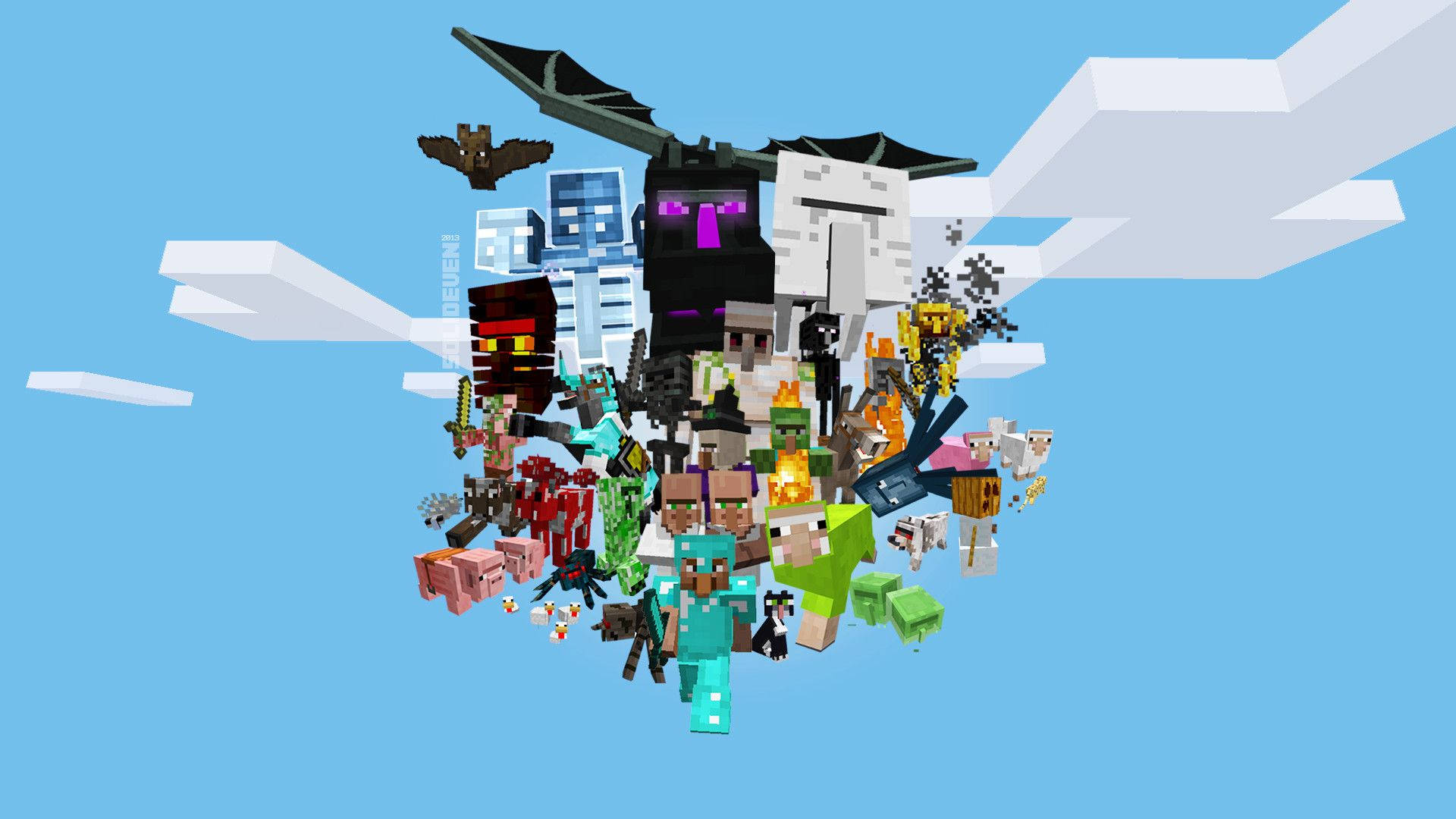 'n Mobs-menigte in die middaglug van Minecraft Muurpapier