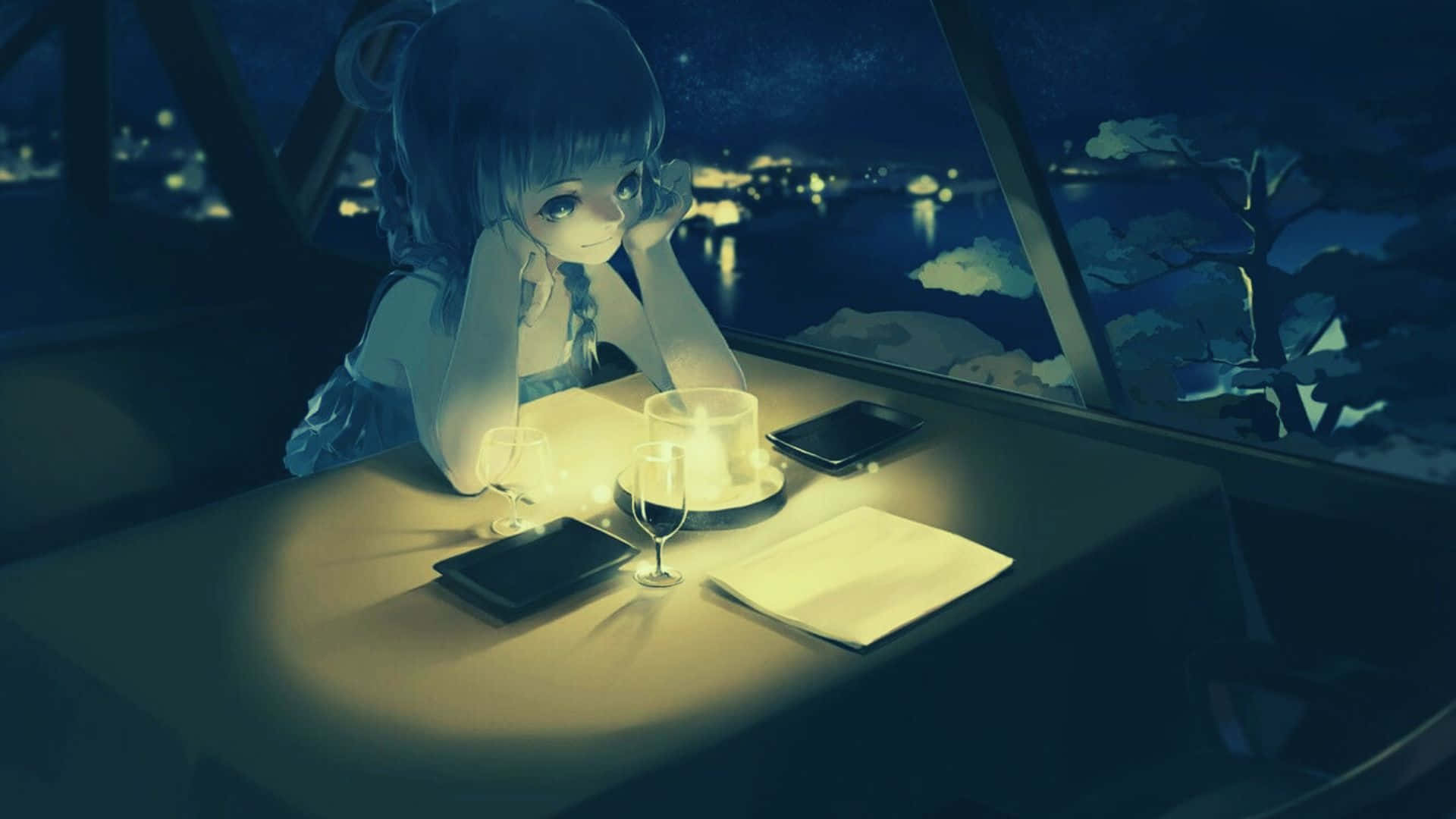 'n Moderne koffiekafee geïnspireer deur anime-ontwerpe. Muurpapier