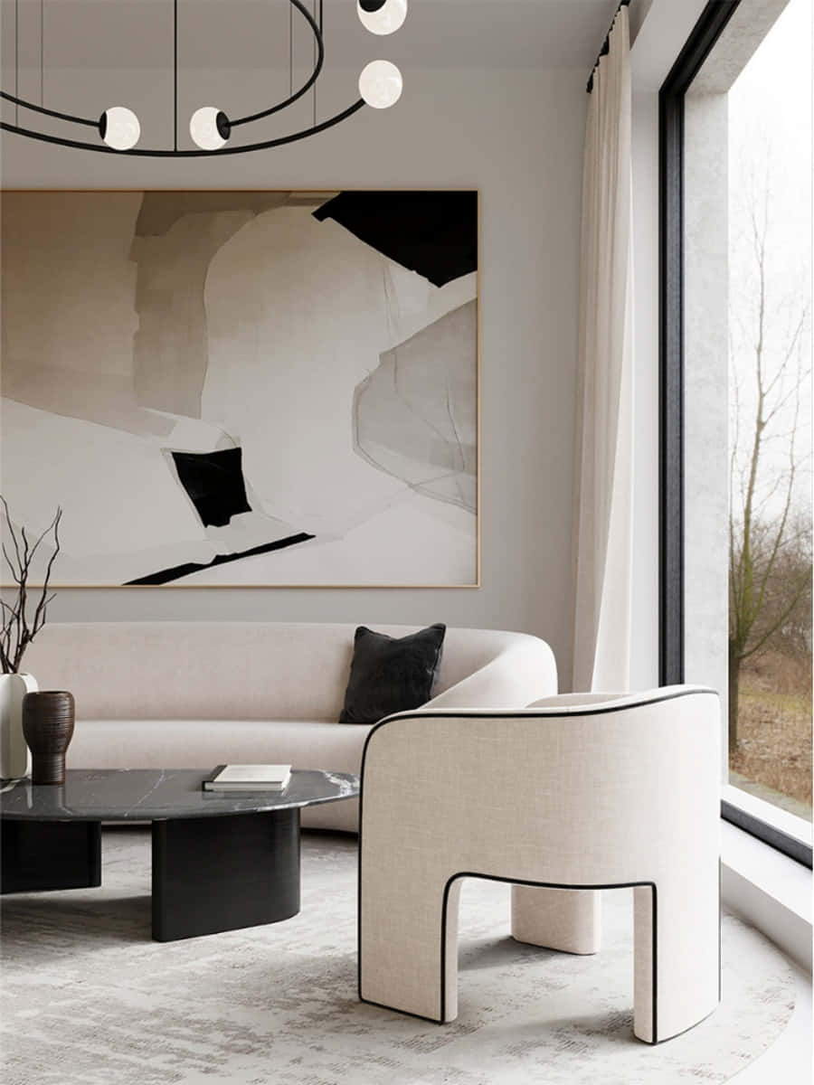'n moderne sitkamer met 'n groot skildery Muurpapier