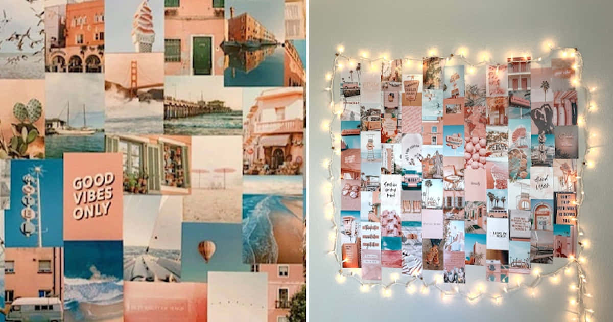 'n Muur met prente en ligte wat daaraan hang Muurpapier