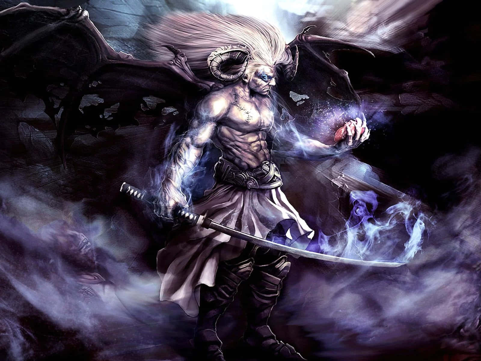 'n Onheilige anime-demon wat in die skaduwees loer. Muurpapier