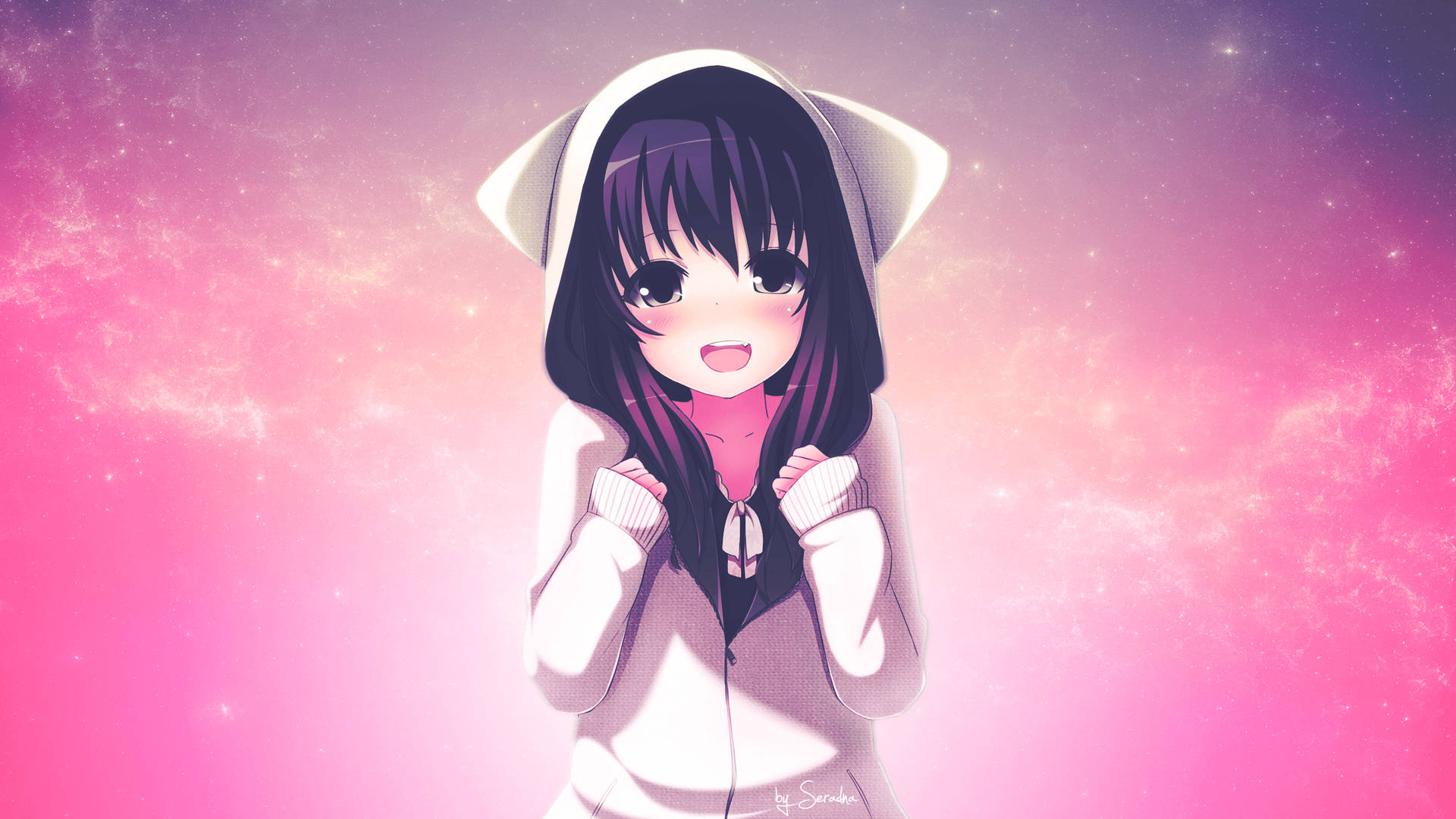 Oulike anime-meisie wat 'n wit hoodie-drag dra agtergrond — Anime meisie Muurpapier