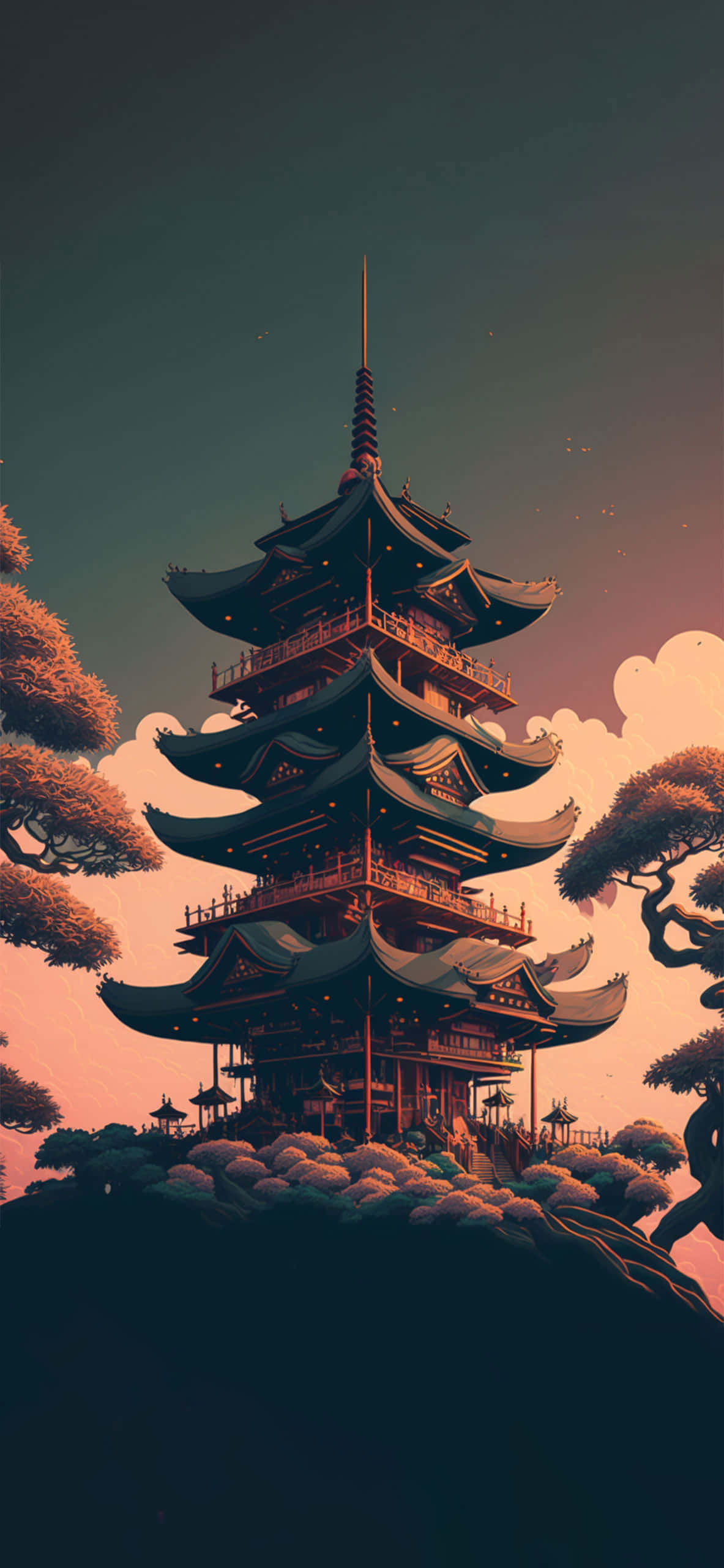 'n pagoda op 'n heuwel met bome in die agtergrond Muurpapier