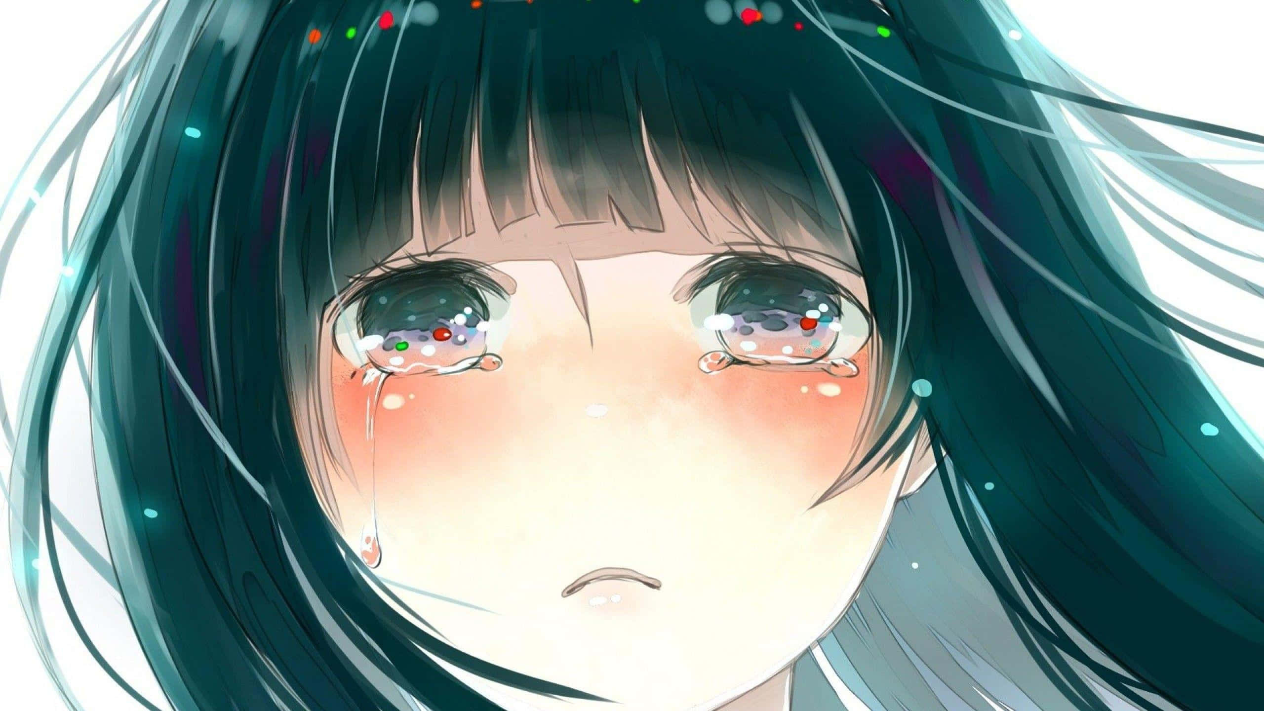 'n Peinsende anime-karakter sit treurig. Muurpapier