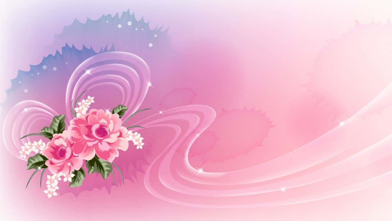 'n pienk agtergrond met blomme en golwe Muurpapier