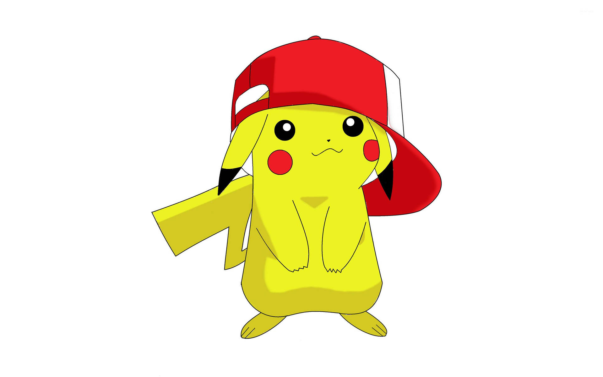 Agtergrond van Pikachu wat 'n groot rooi pet dra.
