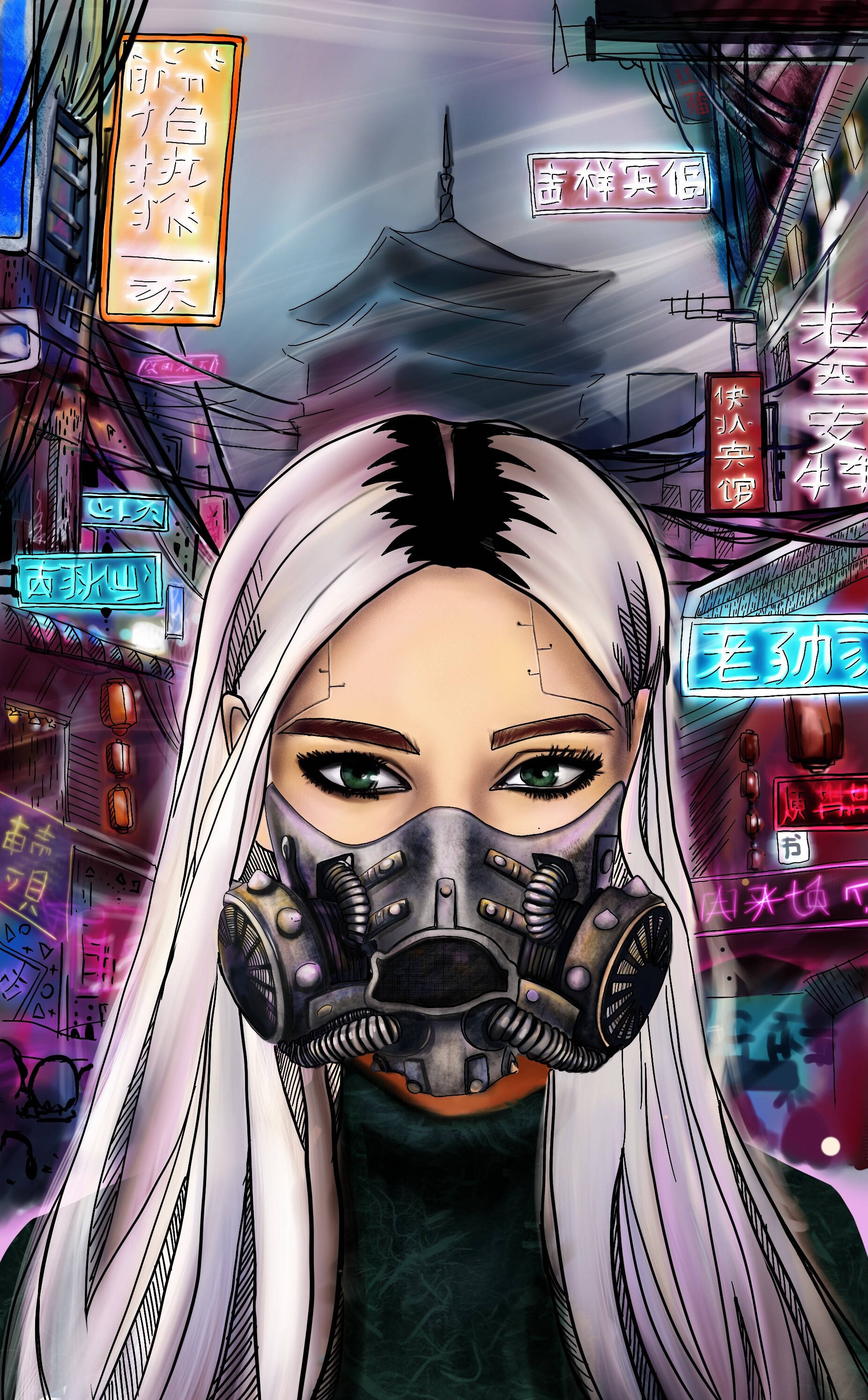 'n Pragtige futuristiese cyberpunk wat 'n robotmasker dra Muurpapier