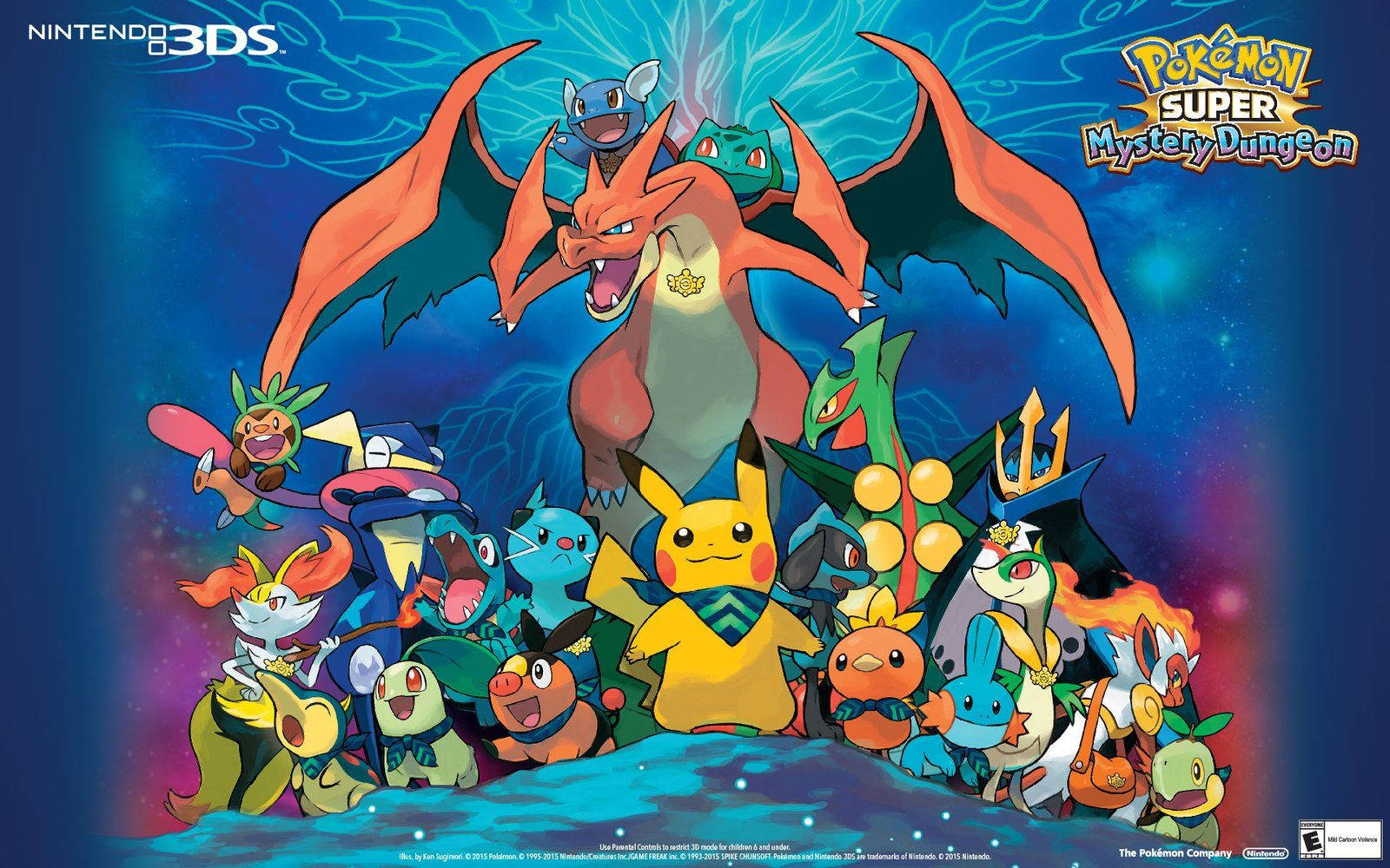 Pokemon Pikachu, Bulbasaur, Ivysaur, Charmeleon, Charizard en Squirtle saam met ander Pokemon in mystery dungeon.