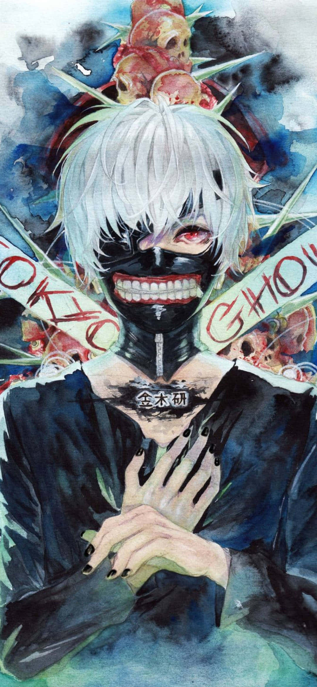 a painting of a man with white hair and a mask Muurpapier
