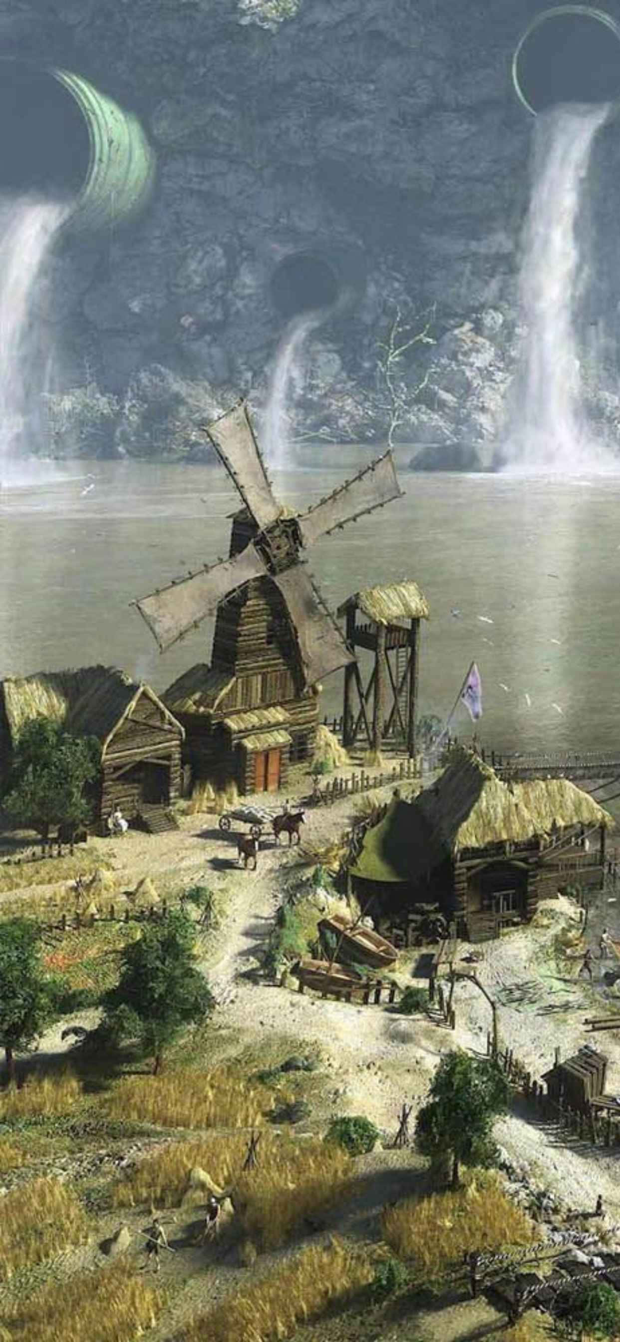 'n skildery van 'n windmeul en 'n waterval Muurpapier