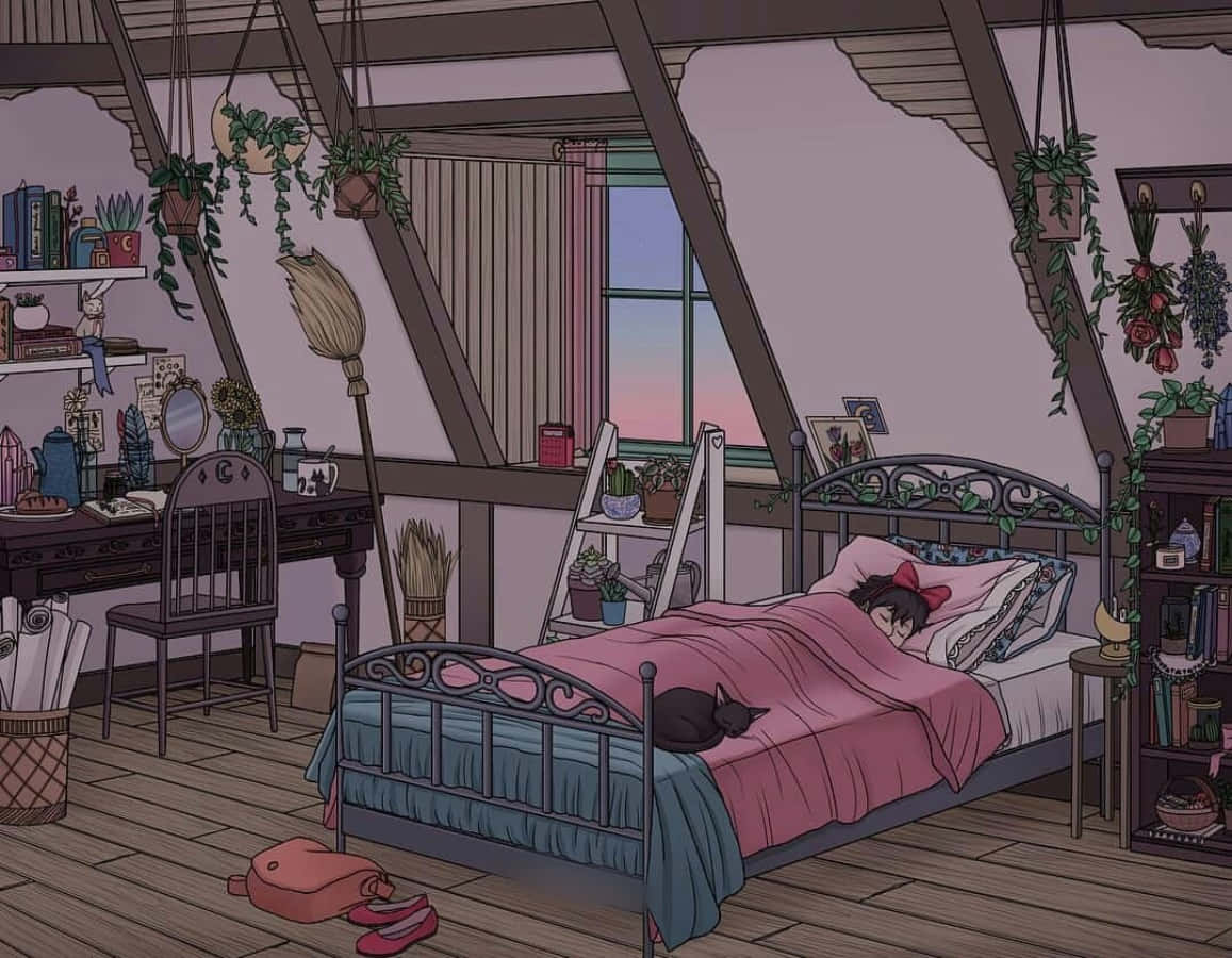 'n Slaapkamer met 'n bed, 'n lessenaar en 'n lamp Muurpapier