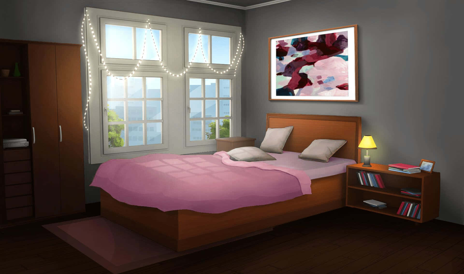 'n Slaapkamer met 'n bed en 'n venster Muurpapier