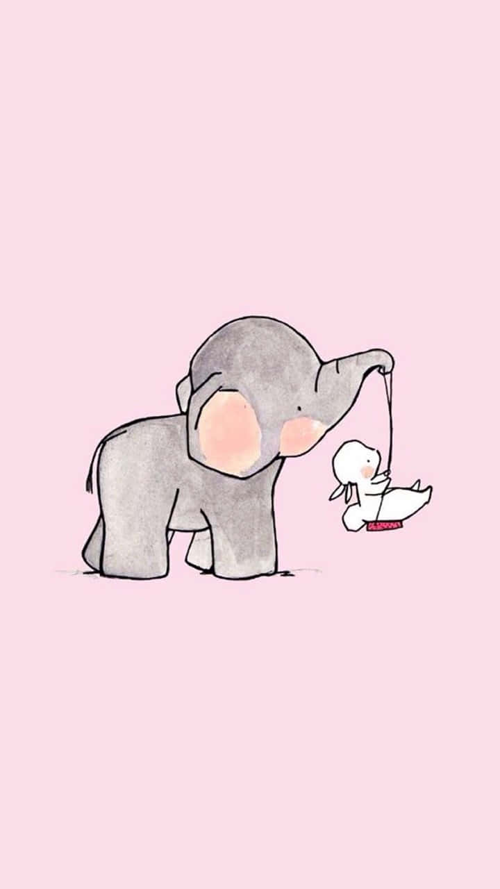 'n spotprent olifant en 'n wit eend op 'n pienk agtergrond Muurpapier