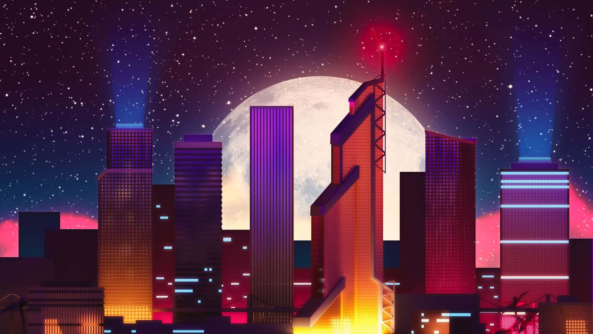 'n stad met 'n volmaan en helder ligte Muurpapier