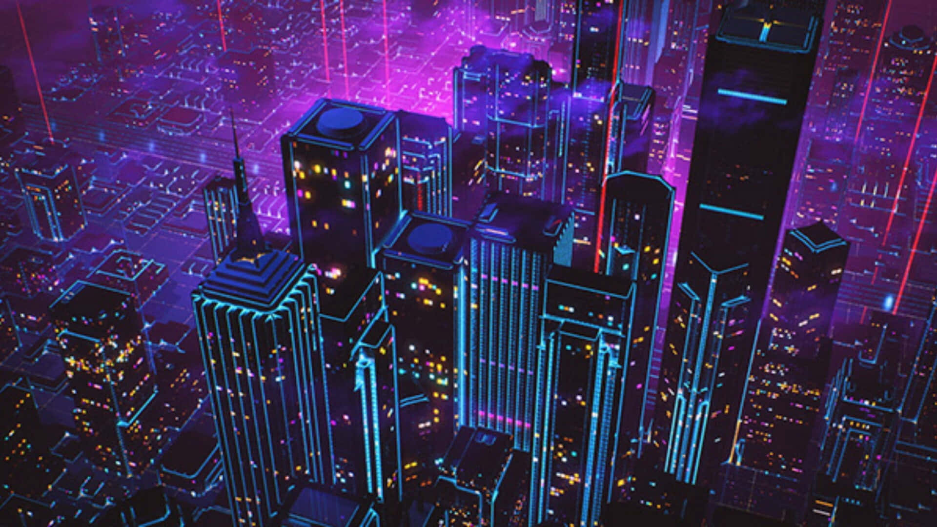 'n stad met neonligte en geboue Muurpapier