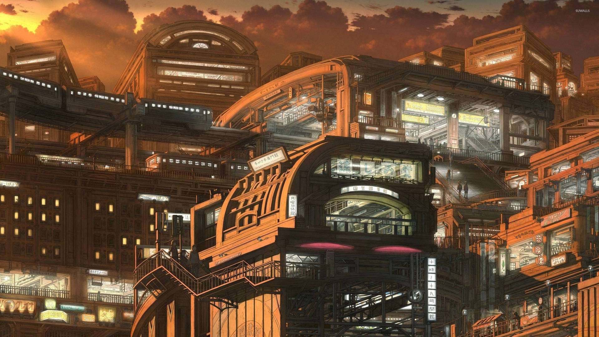 'n Stad van die Toekoms – Welkom by Anime Stad Muurpapier