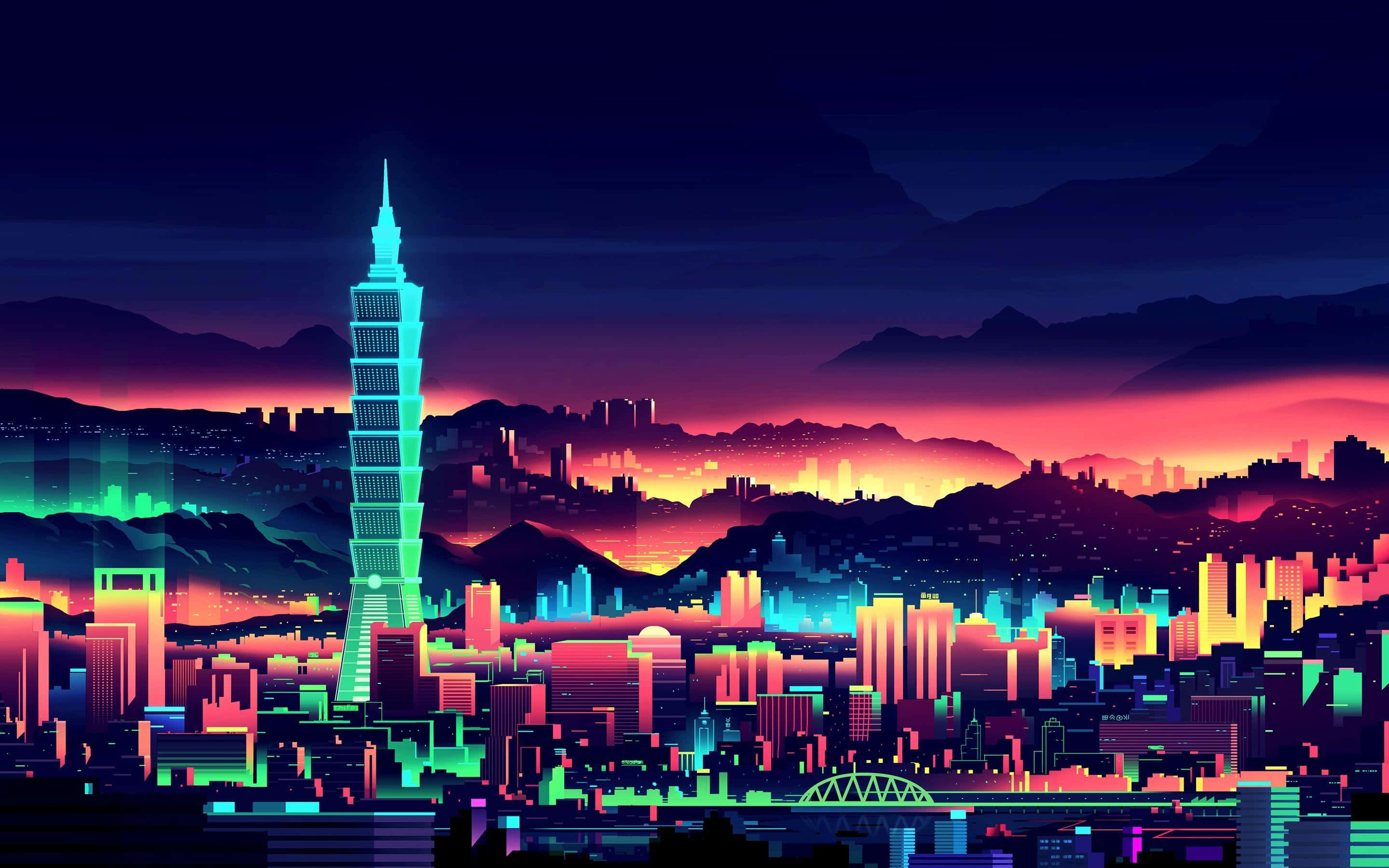 'n stadsbeeld met neonligte en berge Muurpapier