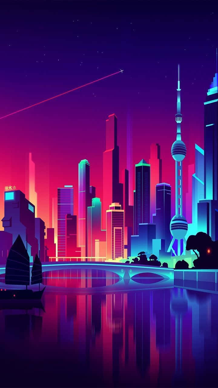 'n stadsbeeld met neonligte en 'n boot Muurpapier