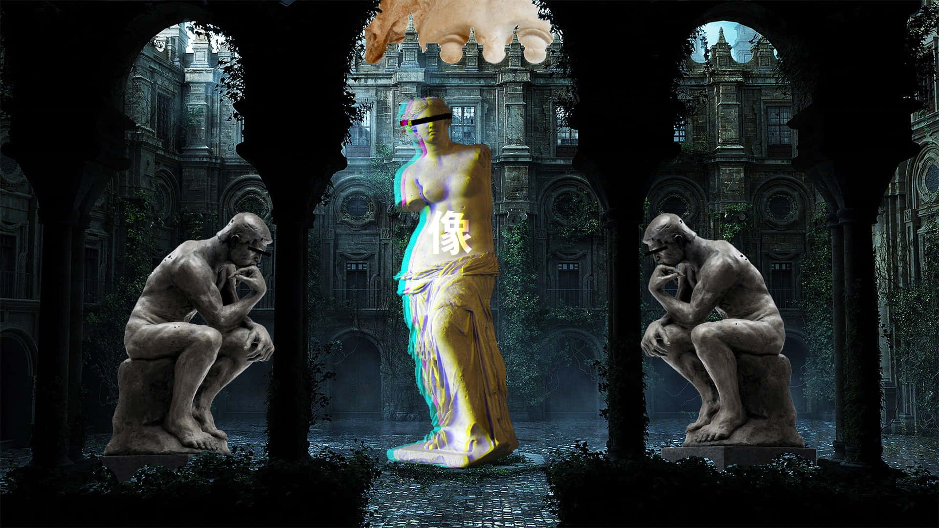 'n standbeeld in die middel van 'n binnehof Muurpapier