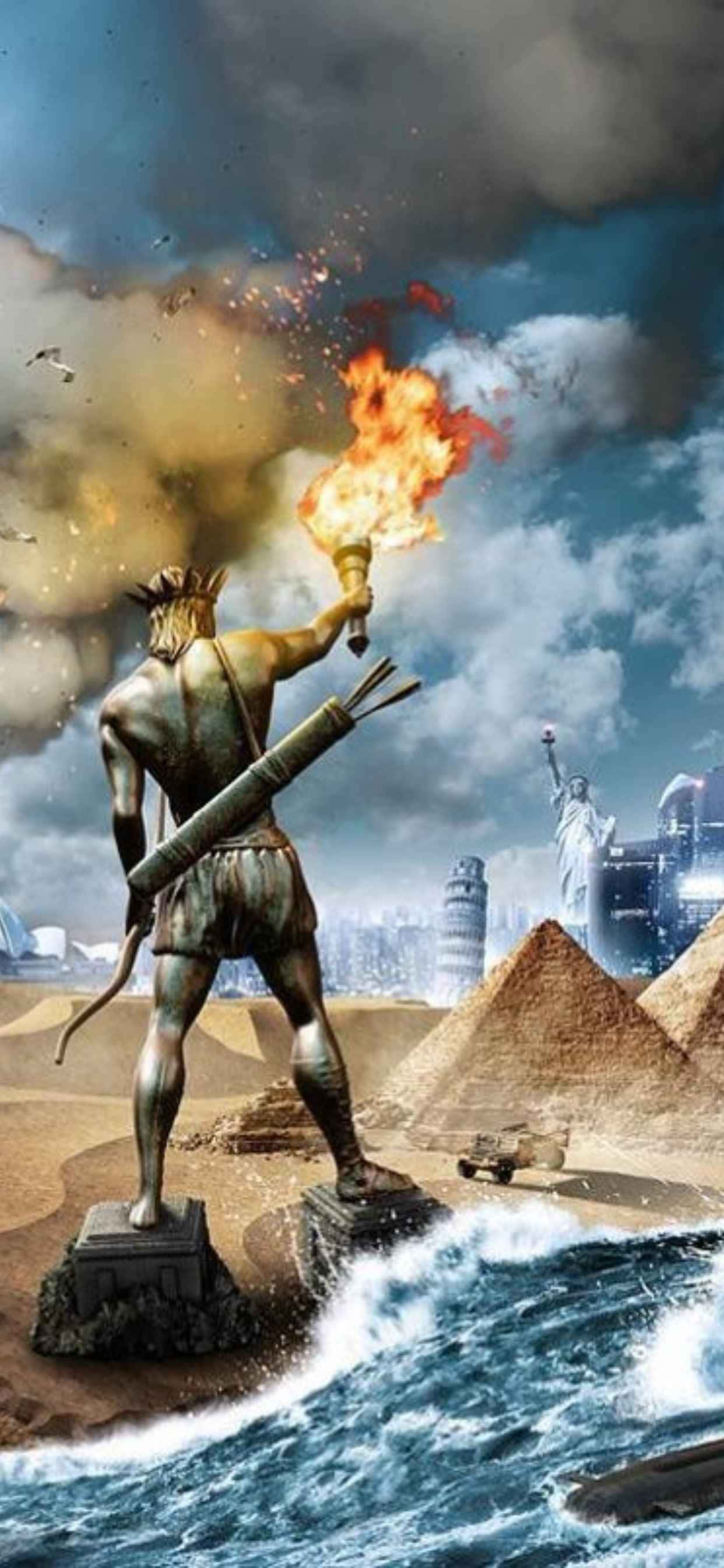 'n standbeeld van 'n man wat 'n fakkel in die woestyn vashou Muurpapier