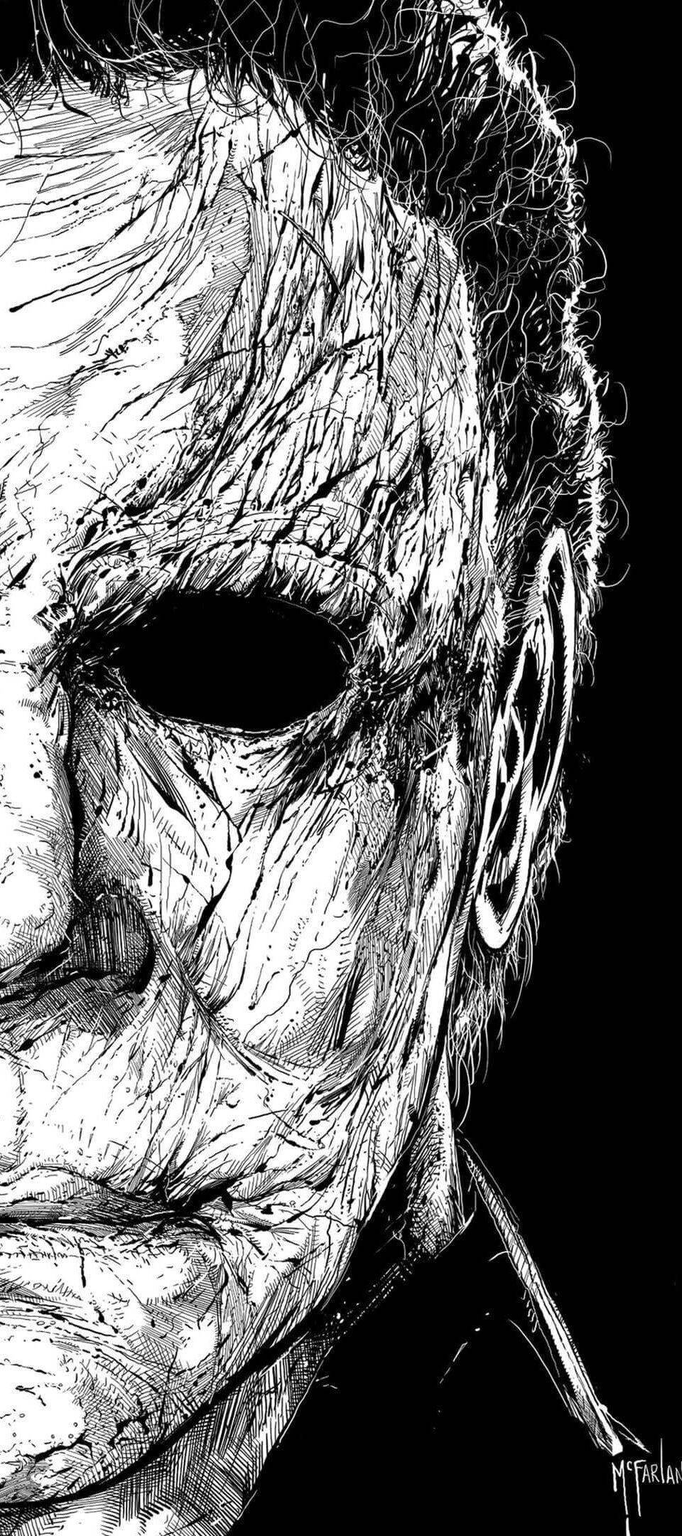 'n swart-en-wit tekening van 'n halloween masker Muurpapier