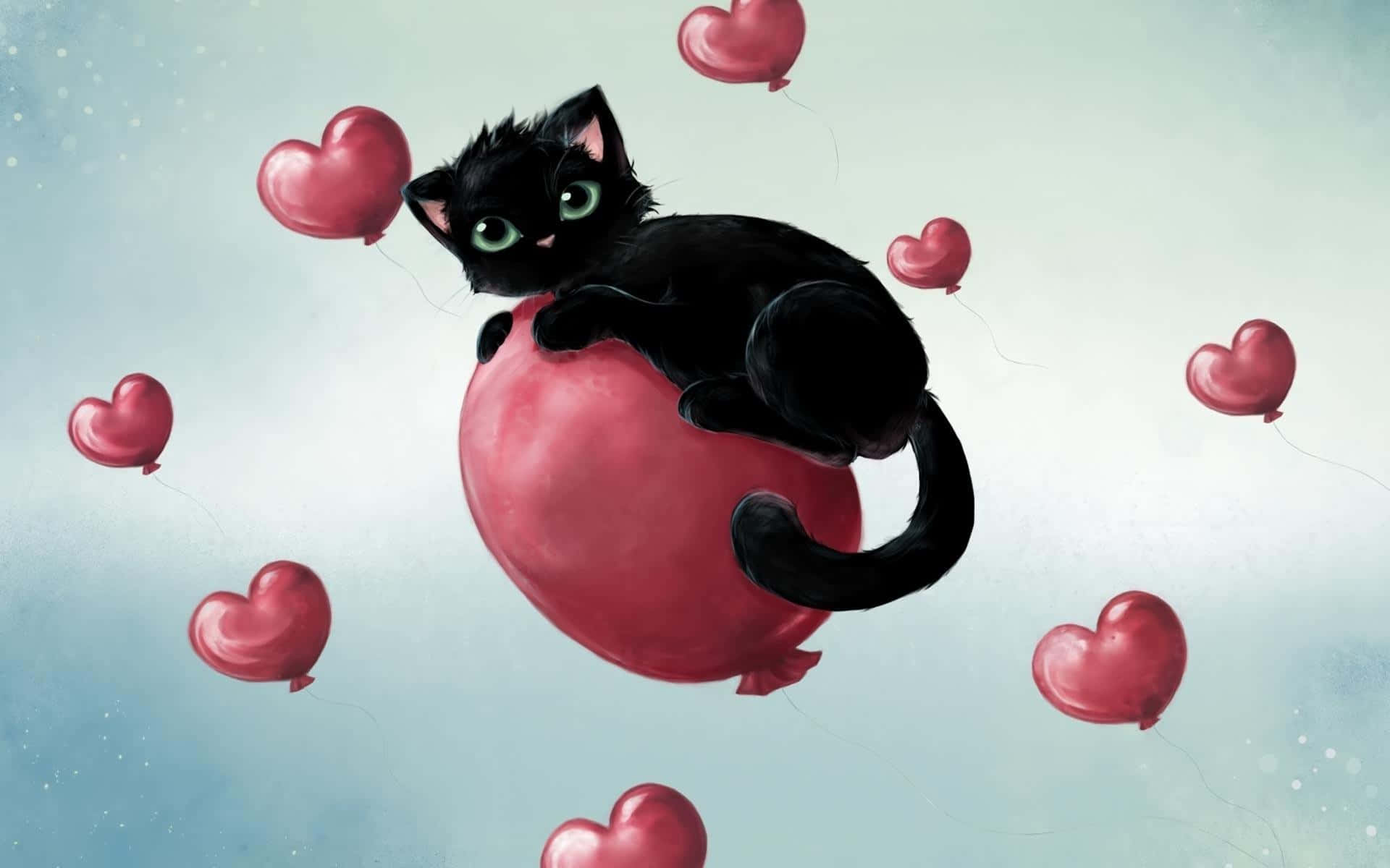 n swart kat wat op n rooi ballon met harte sit Muurpapier