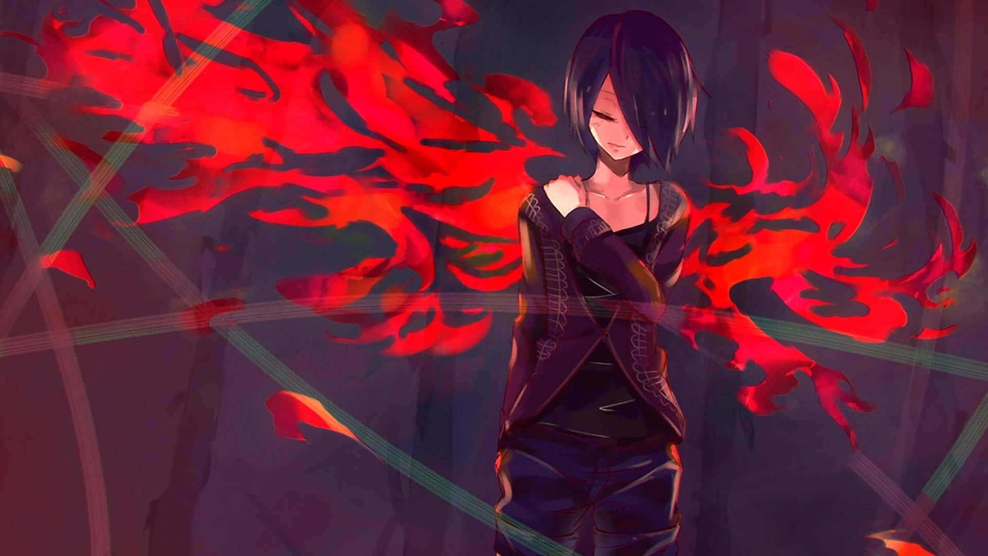 'n Toneel uit Tokyo Ghoul gevul met Tokio se bedrywige stadsbeeld Muurpapier