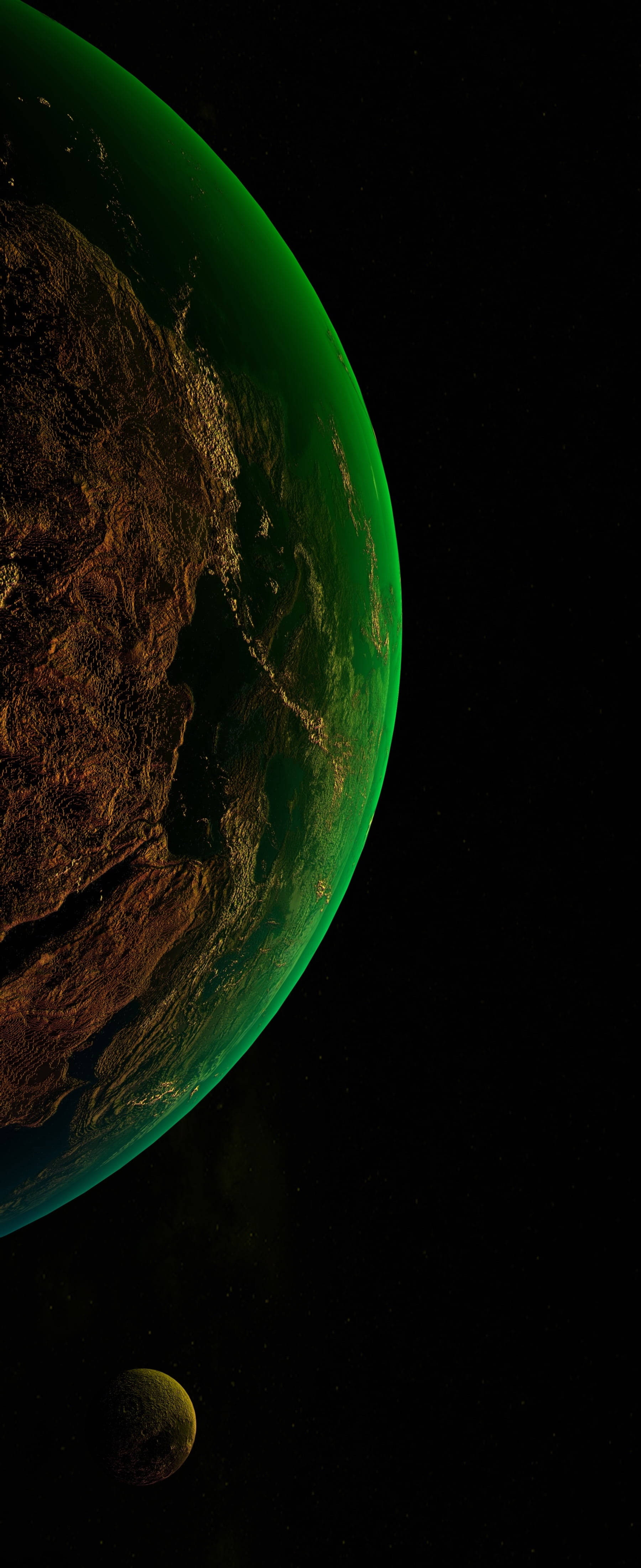 'n Uitsig van 'n geïsoleerde planeet, verlig deur 'n lig wat van 'n iPhone Xs af weerkaats Muurpapier