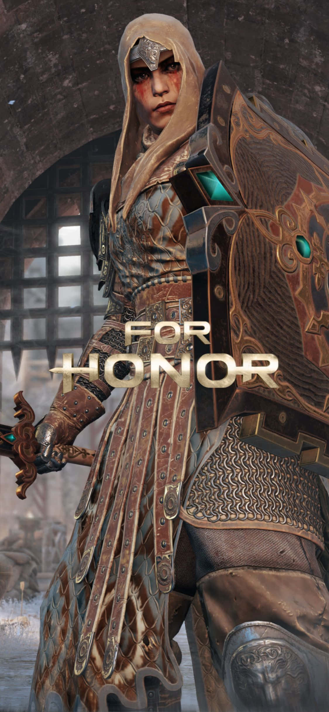 'n vrou in wapenrusting met die woorde for honor Muurpapier