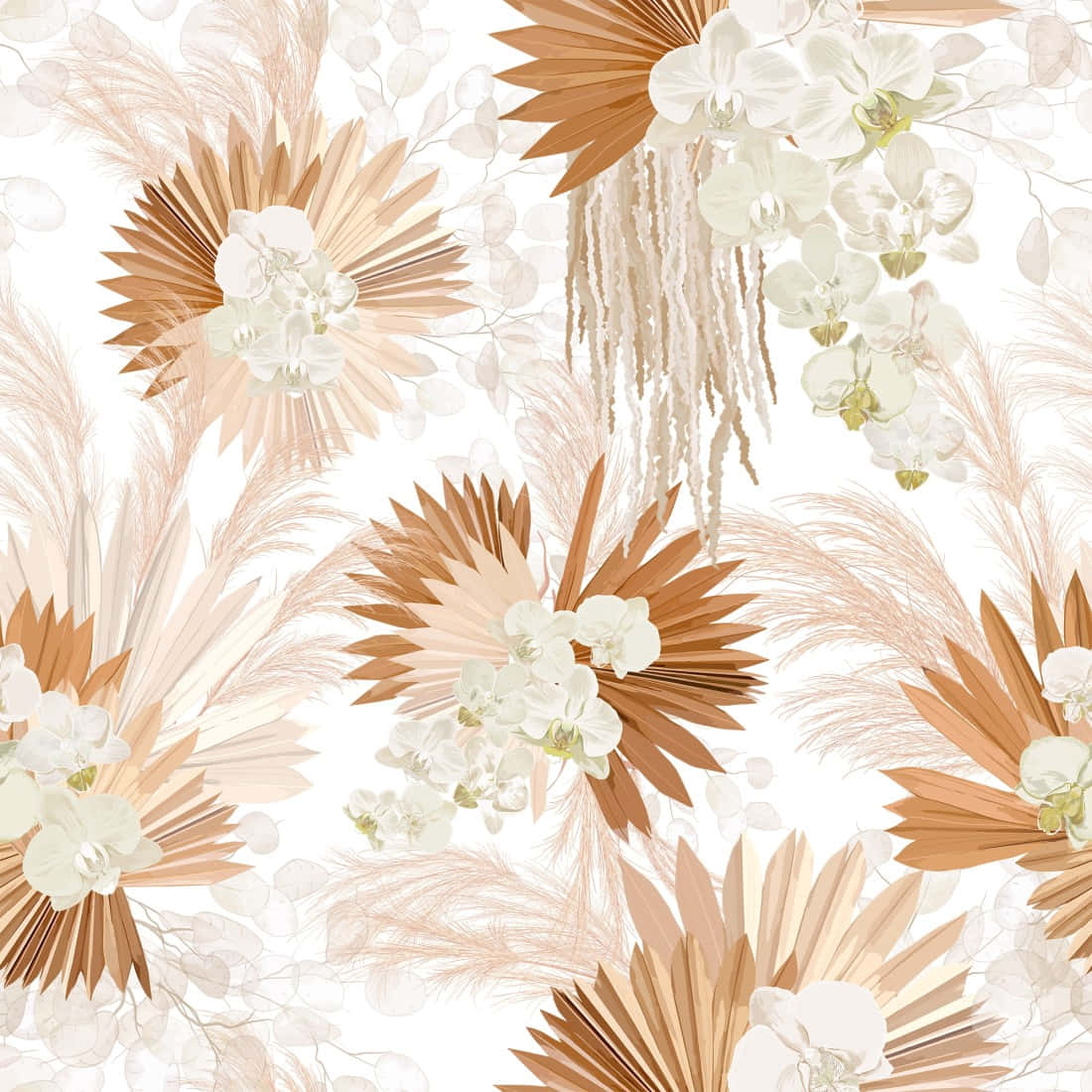 'n wit en bruin blompatroon met blomme en blare Muurpapier