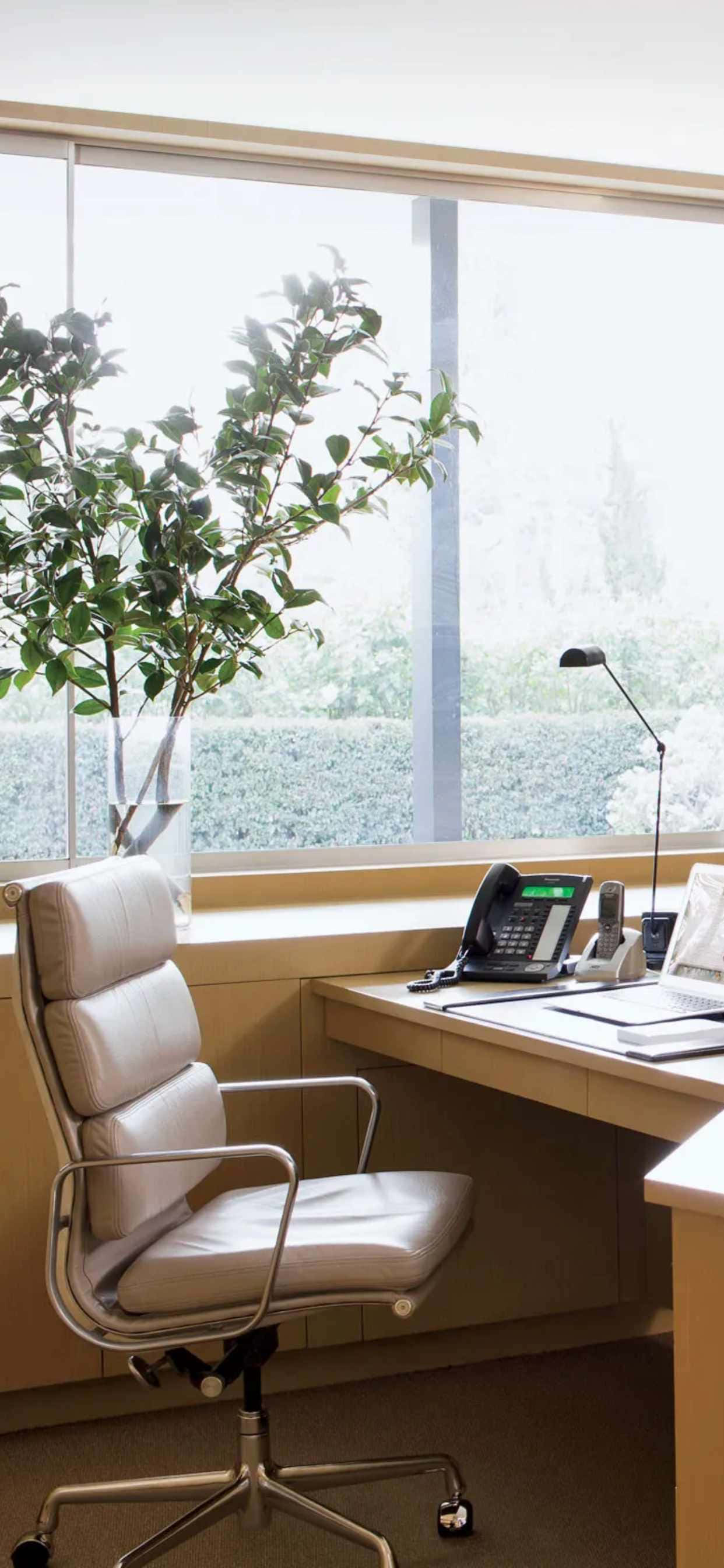 'n wit lessenaar met 'n stoel en 'n plant Muurpapier