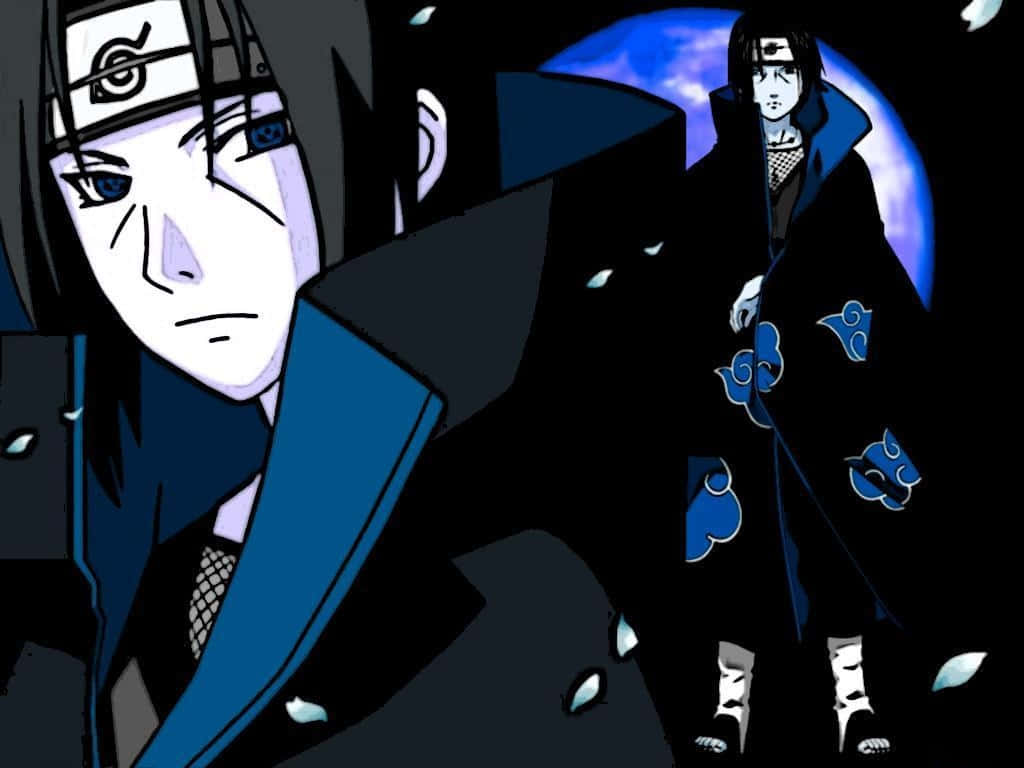 Naby en Staande Itachi Estetika met Blou Sharingan Oë en Akatsuki Wolkrok Muurpapier
