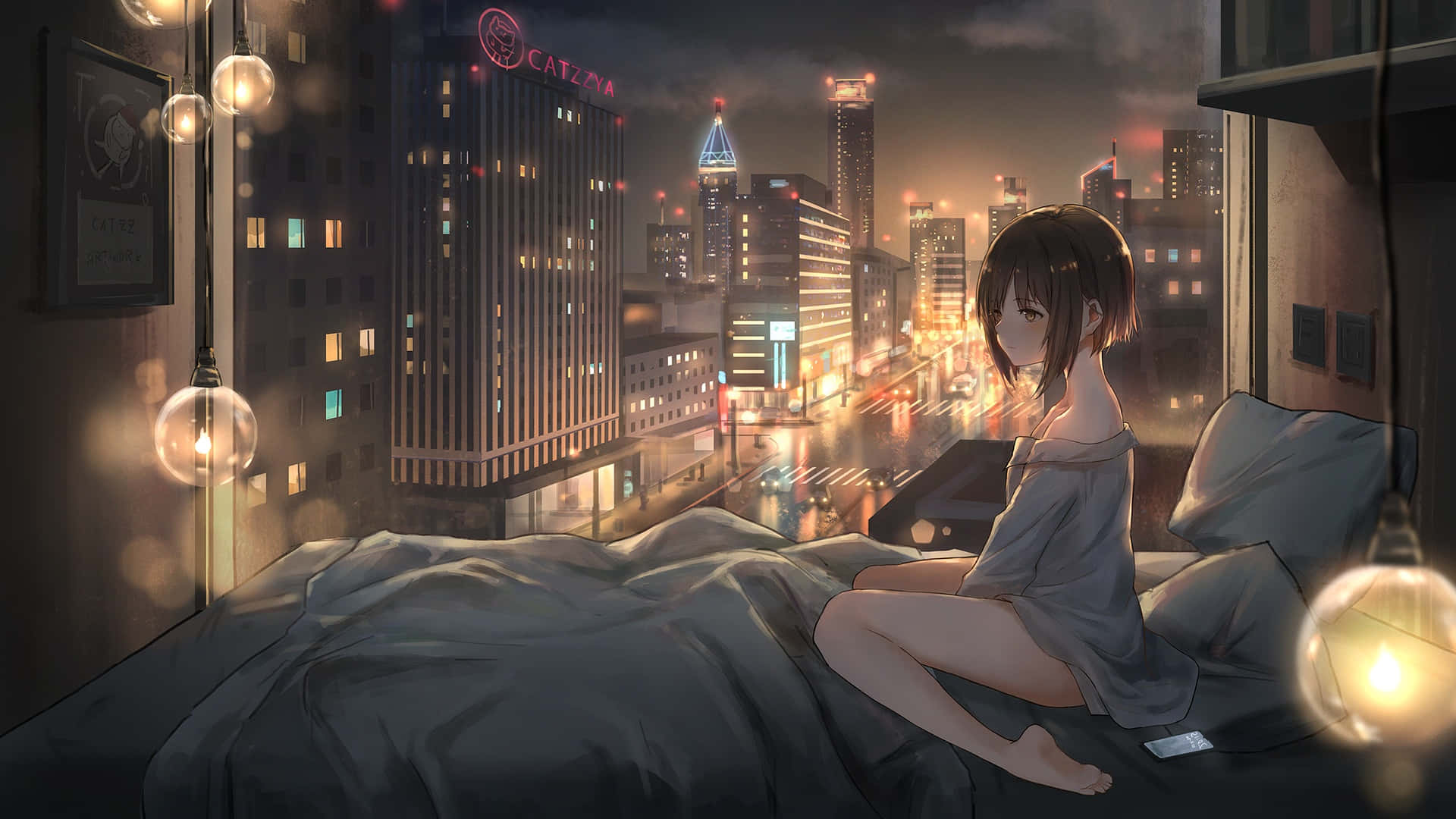 Naghemel van 'n Anime-stad vol wolkekrabbers Muurpapier