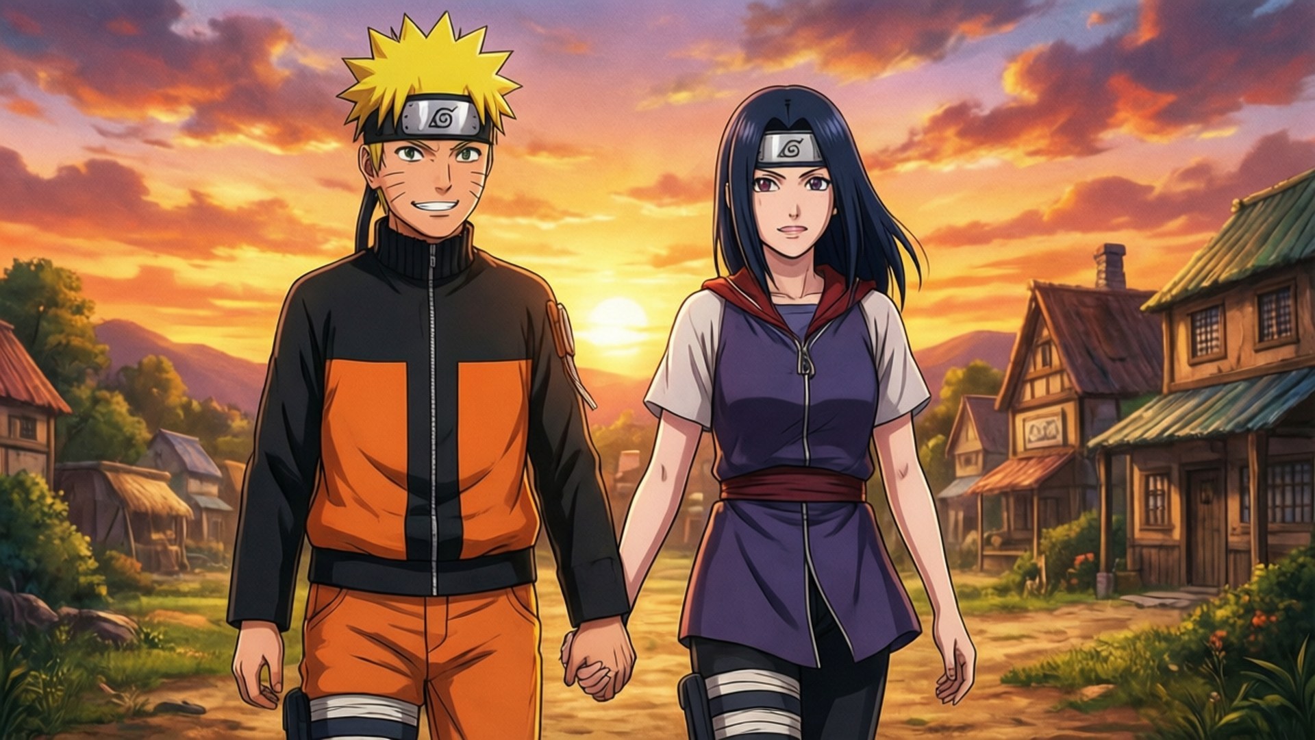 Naruto en Hinata Sonsondergang Muurpapier
