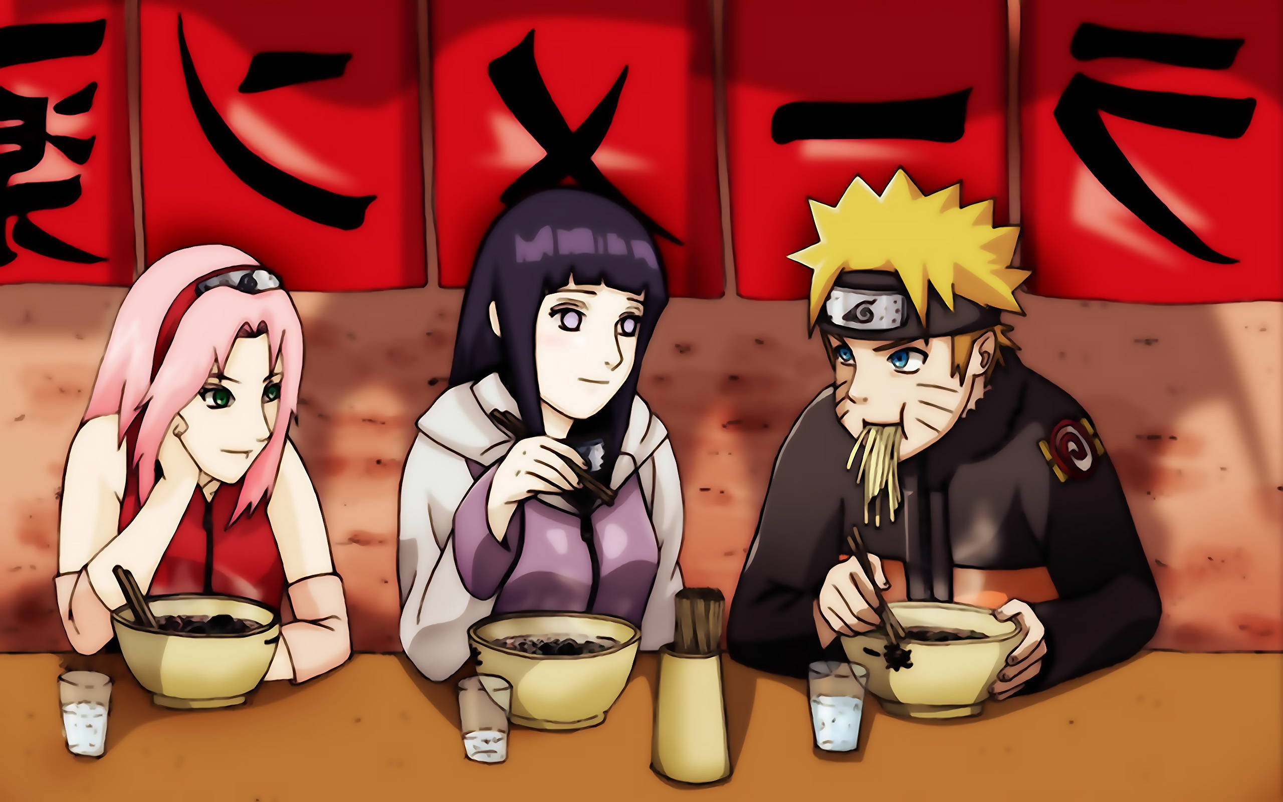 Naruto En Hinata Met Sakura wat Ramen Eet Muurpapier