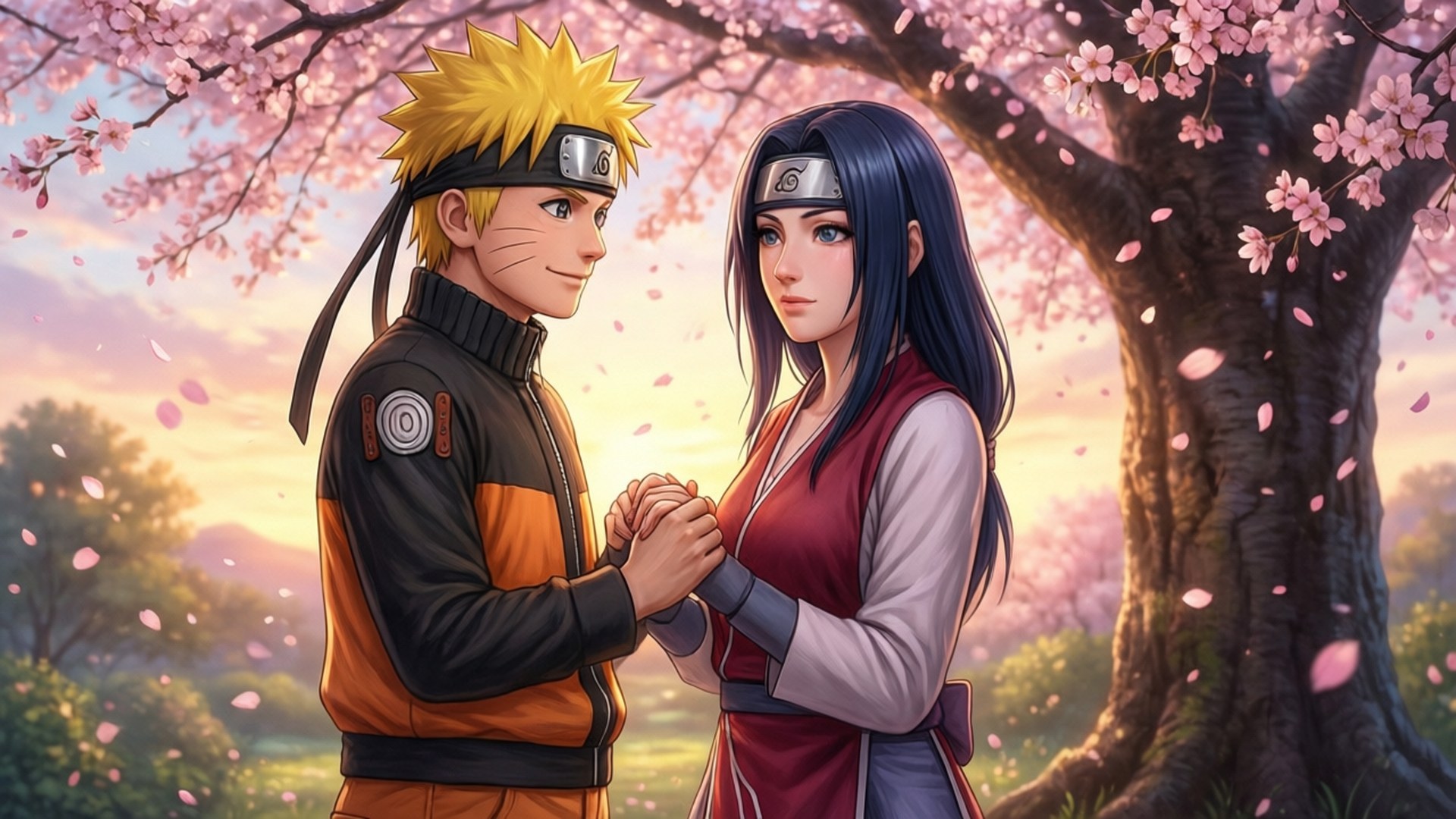 Naruto en Hinata onder Sakura Muurpapier