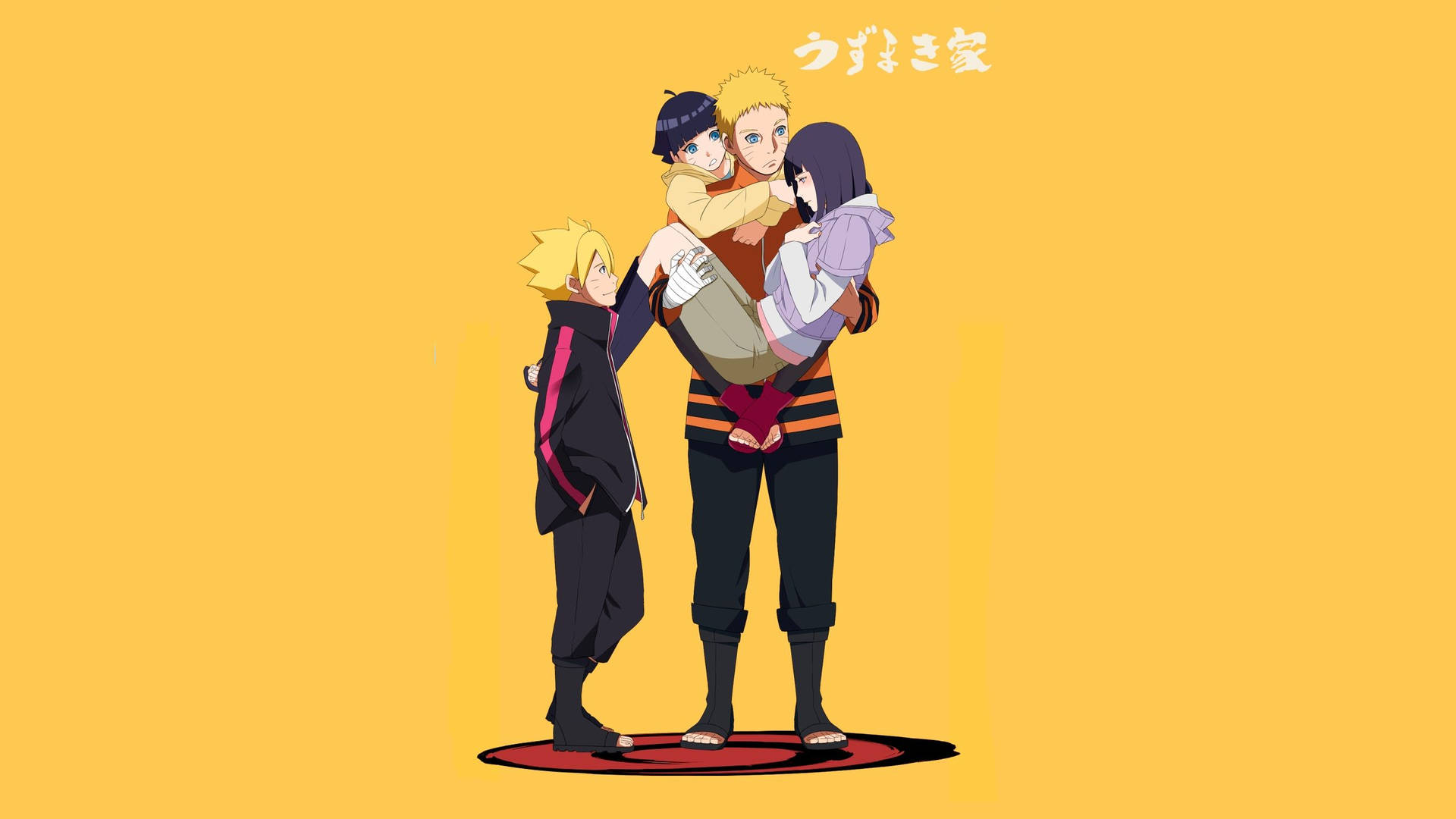 Volwasse Naruto wat Hinata dra saam met hul kinders.