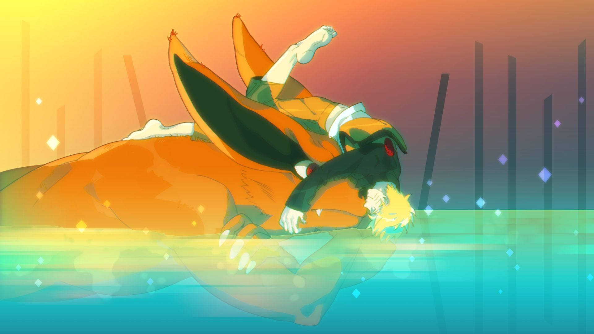 Naruto Uzumaki wat Kurama omhels fan-kuns agtergrond.