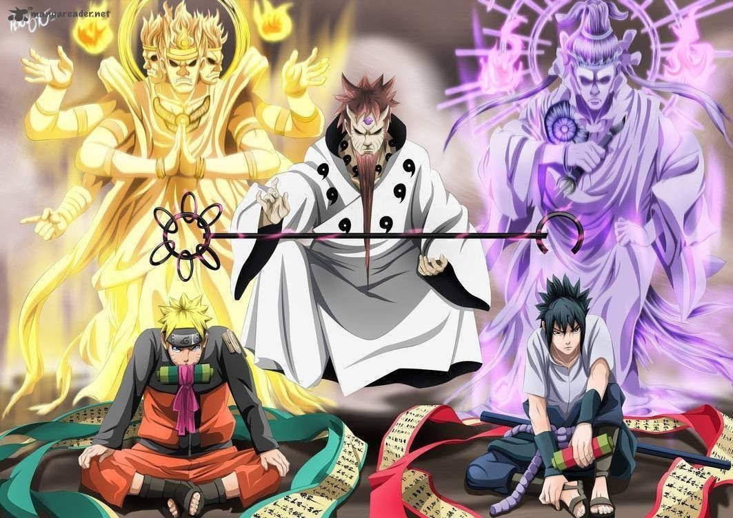 Naruto Uzumaki en Sasuke Uchiha wat met chakra oefen in die blaar-dorpie.