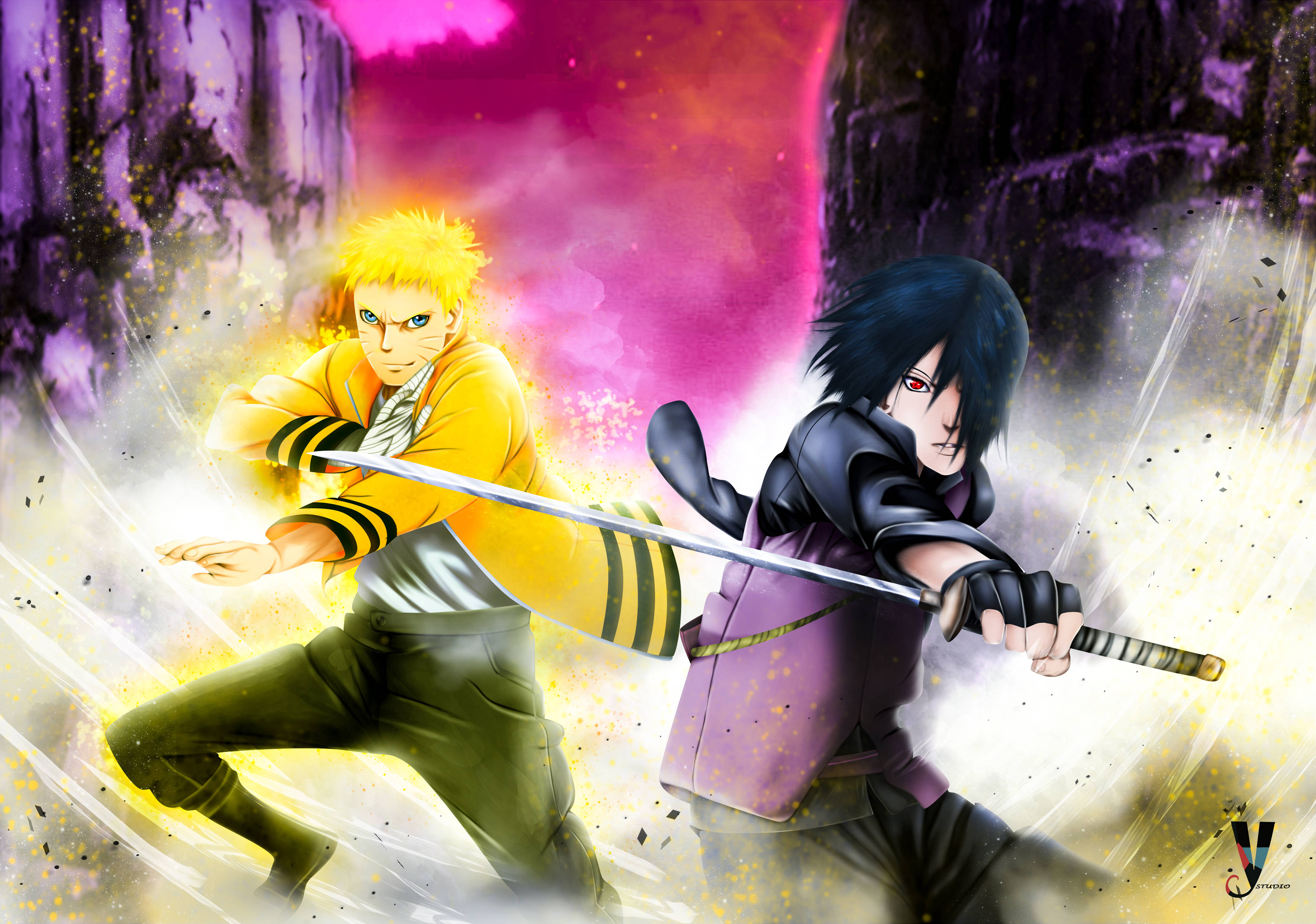 Naruto en Sasuke in Boruto Muurpapier