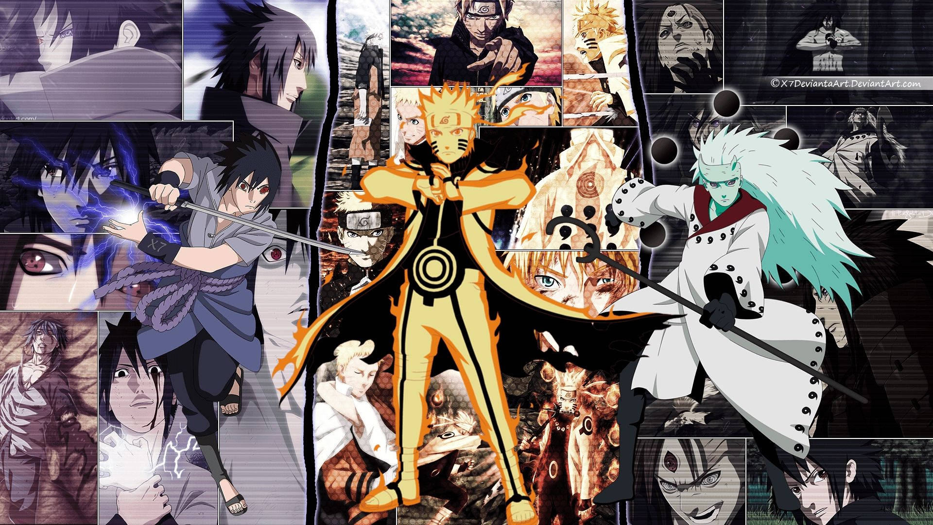 Naruto en Sasuke saam met Uchiha Madara Muurpapier