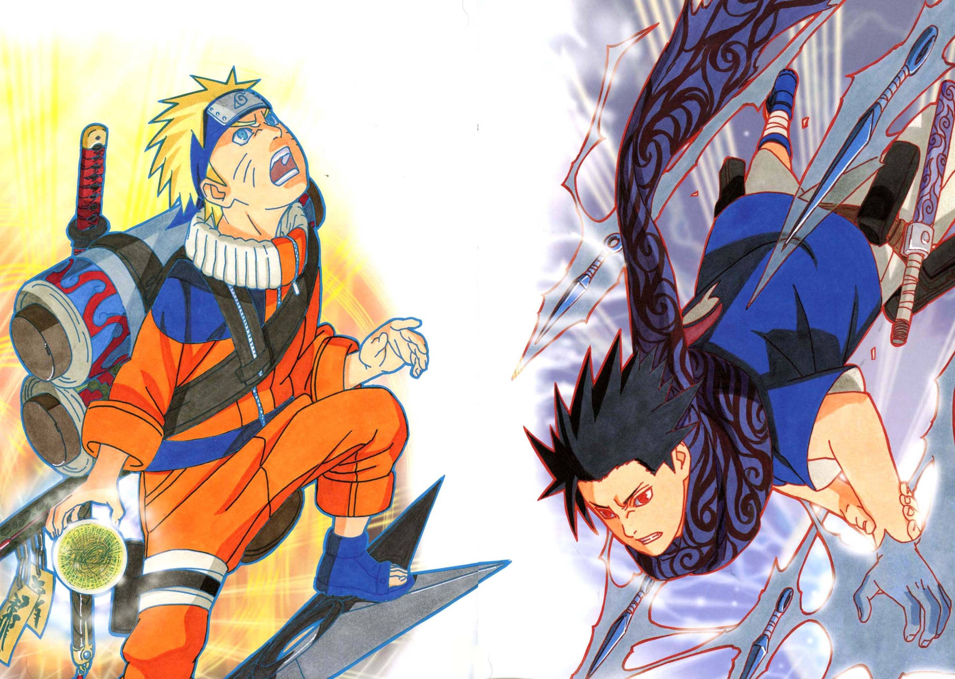 Naruto en Sasuke Chakra-oefening met shuriken en kunai.