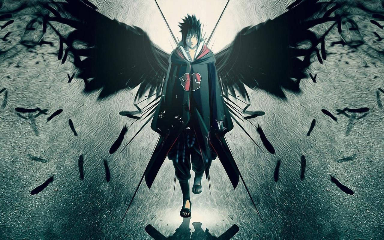 Sasuke Uchiha van die Blaarvillage wat in die donker loop met swart vlerke kuns.