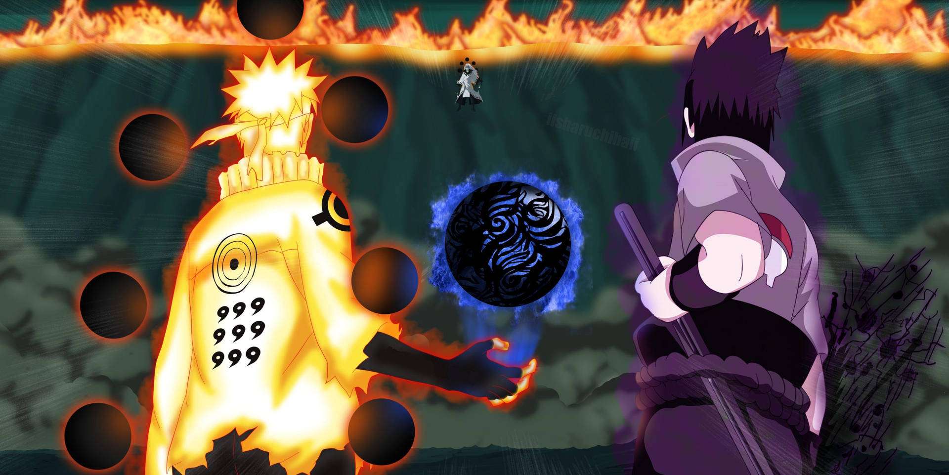 Naruto neem dit op teen Uchiha Madara in een van die mees ikoniese gevegte in Naruto Shippuden Muurpapier