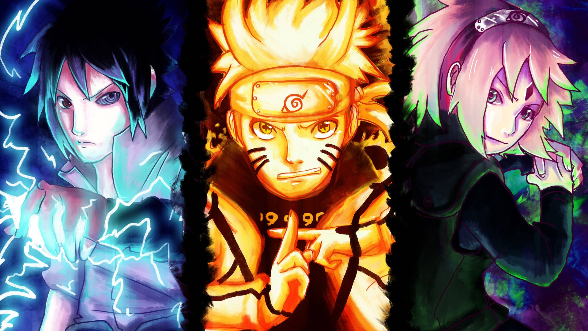 Naruto, Sasuke en Sakura-plakkaat Muurpapier