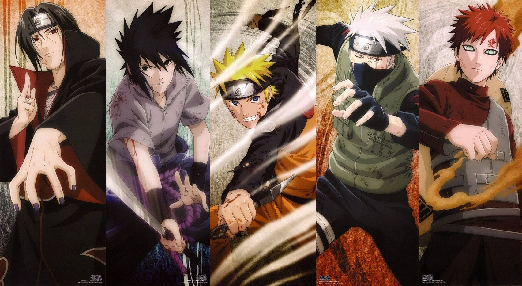 Sasuke, Naruto, Kakashi en Gaara wat hul kragte of chakra wys.