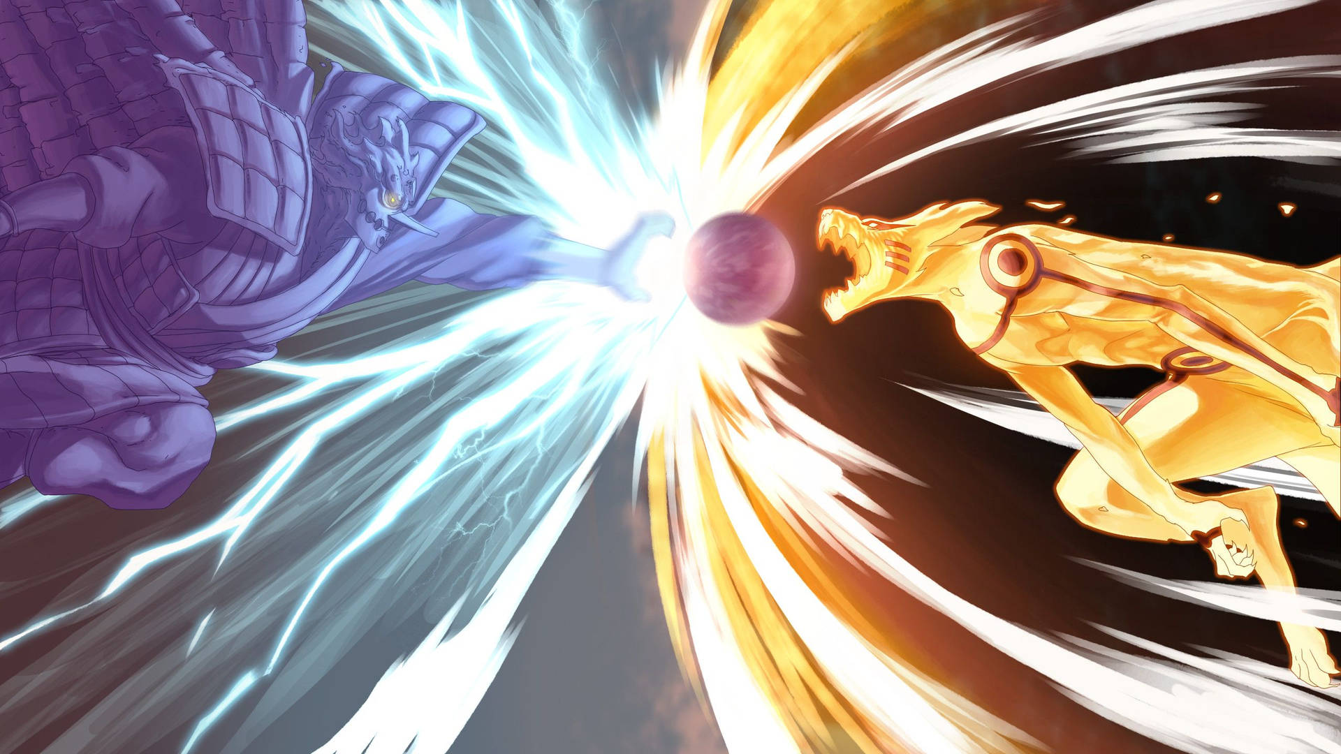 Naruto se Kurama-modus teen Sasuke se Susanoo chakra-modus behangpapier.