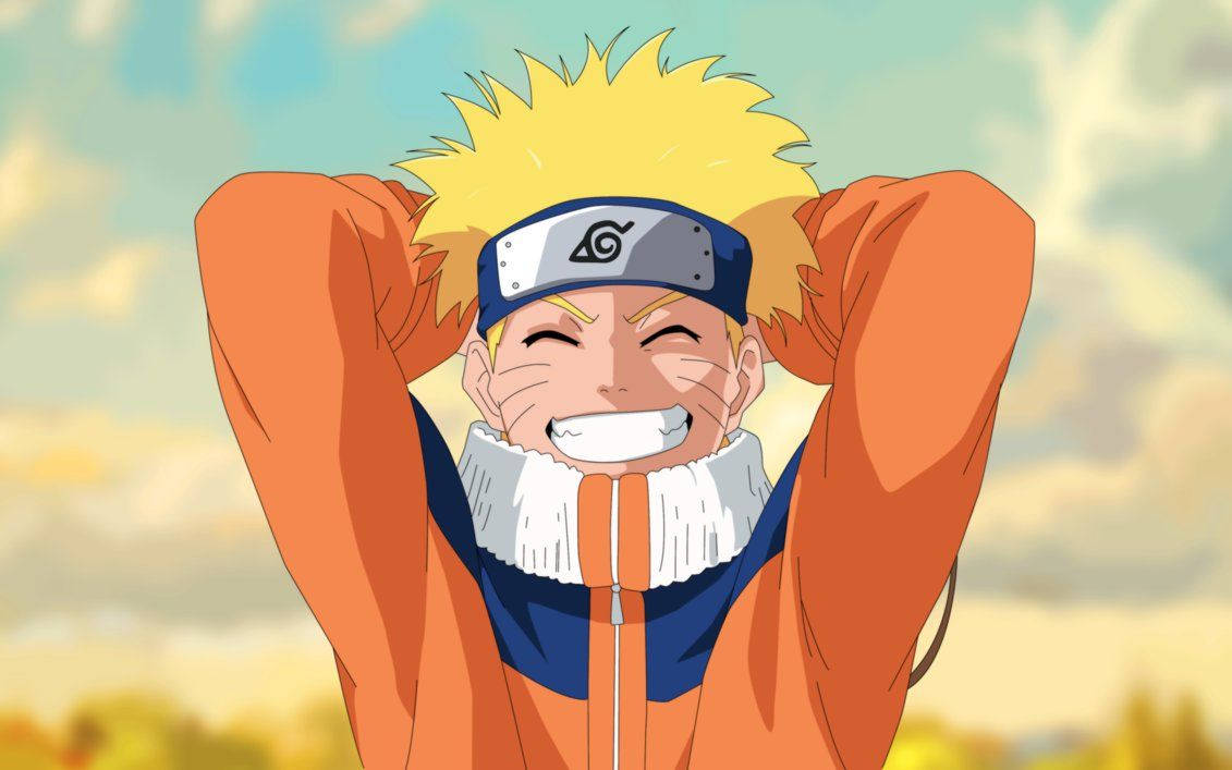 Glimlaggende Naruto Uzumaki in sy ninja-uniform met sy voorkopbeskermer met die Rabi Blaarvillage-simbool.
