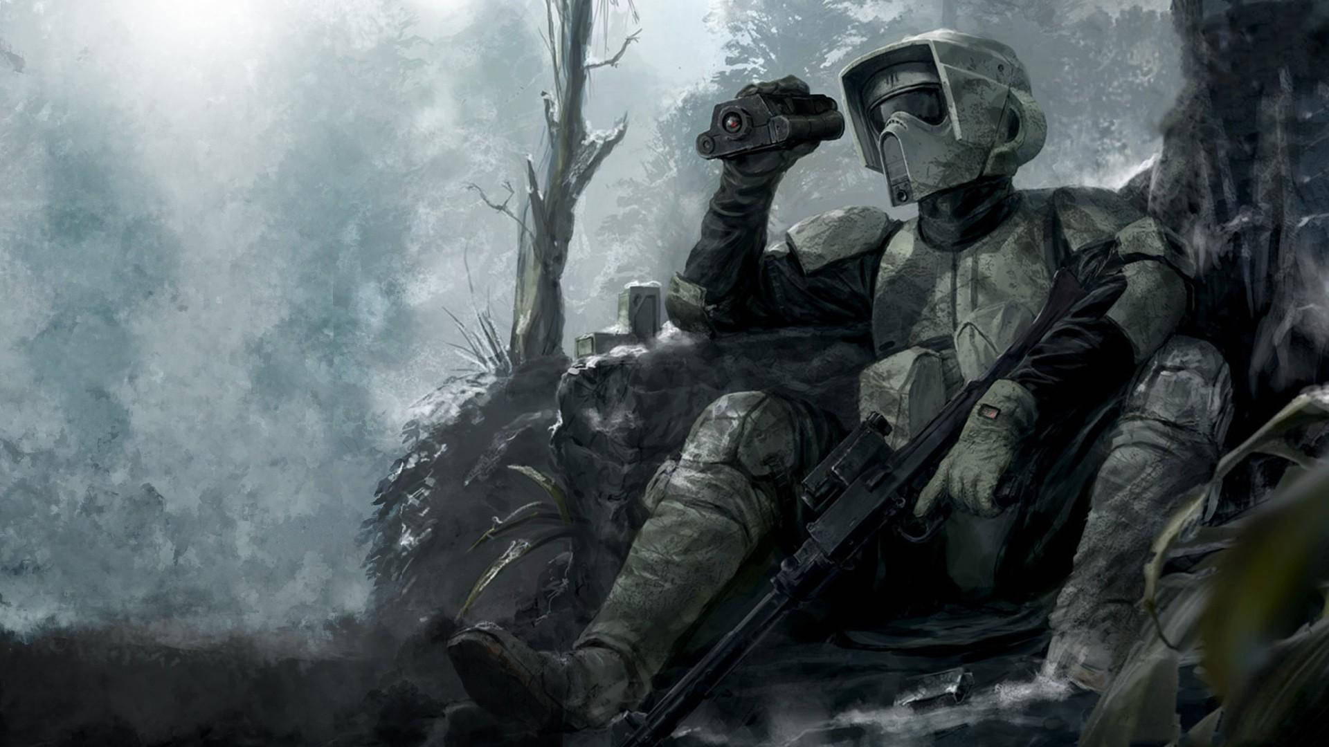 Star Wars-agtergrond van Stormtrooper wat rus en uitkyk oor slagveld — Star Wars Muurpapier