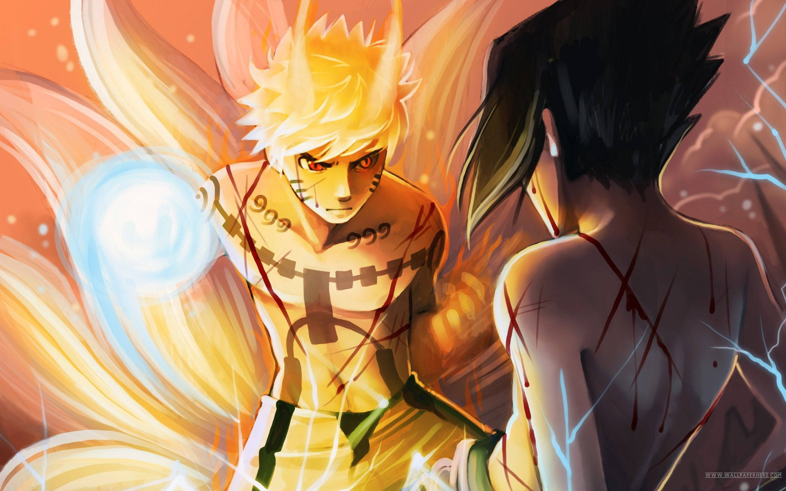 Nege-stert Naruto en Sasuke Geveg Muurpapier